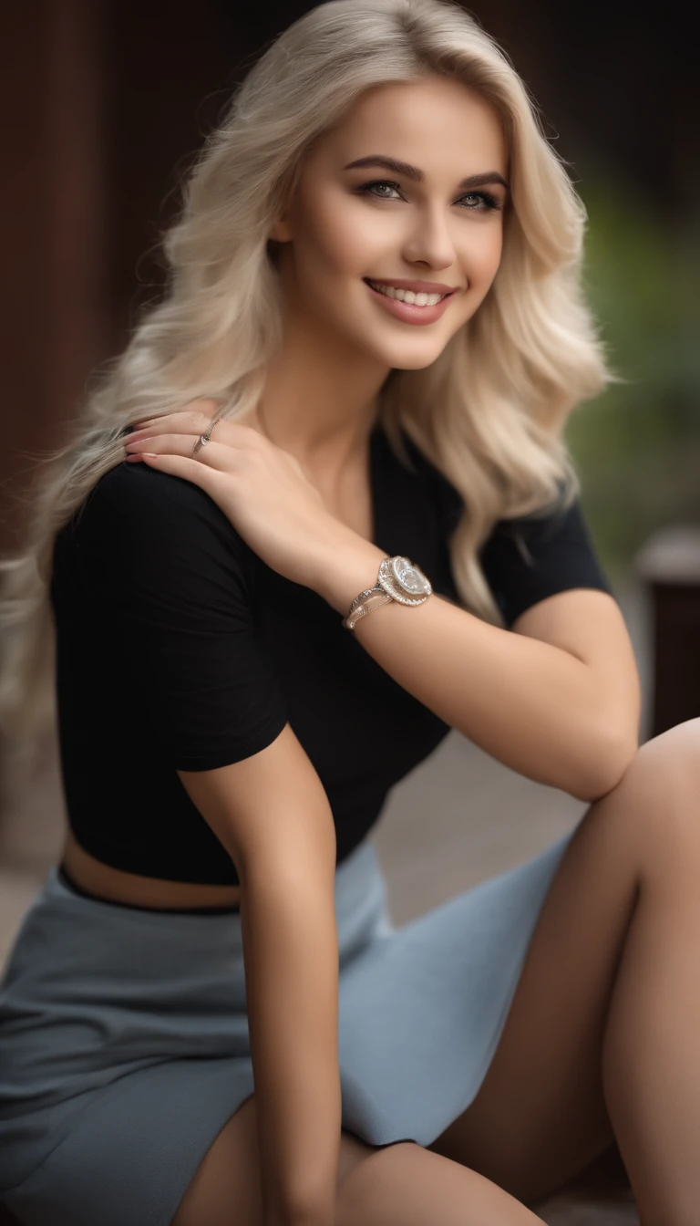 professional, (4k-photo:1.1) By (JeremyLipking:0.3), (Dietman Anna:0.3), (arian mark:0.3), (Sharp focus:1.3), High detail, Wearing (Low-top shirts:1.2), Beautiful detailed face, browneyes, Long blonde hair, (Attractive young woman:1.3), (Seductive:1.1), (Blushing:1.1), Hourglass body type, great circle, Wide buttock, blonde goddess, tight costume, tight attire, seductive grin smile, Pretty face, Perfect white haired girl, satisfied pose, cute seductive smile, beautiful blonde girl, Good young girl, Beautiful angle, Attractive pose, Cute girl, Sexy pose, gorgeous blonde, Full body picture, full bodyesbian, full body shot of, Wearing a black skirt and boots