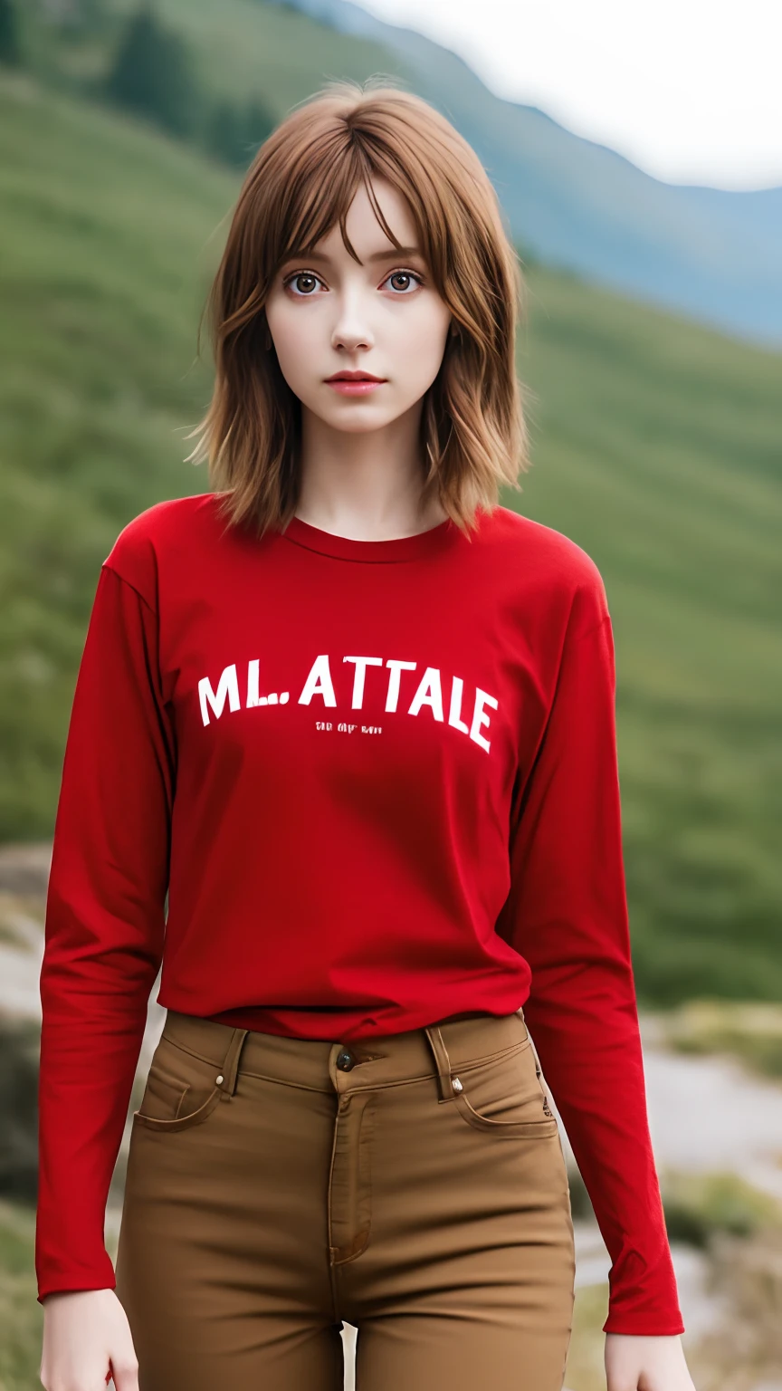,best quality ,very skinny , long hair ,   girl  max caulfield   ,large eyes  ,  ,
 blurry,  , brown hair   , happy ,  , soft skin, , expressive eyes ,
 , , long sleeve red  t-shirt,  jens pants , 
de , at the mountain , ,  , short pants