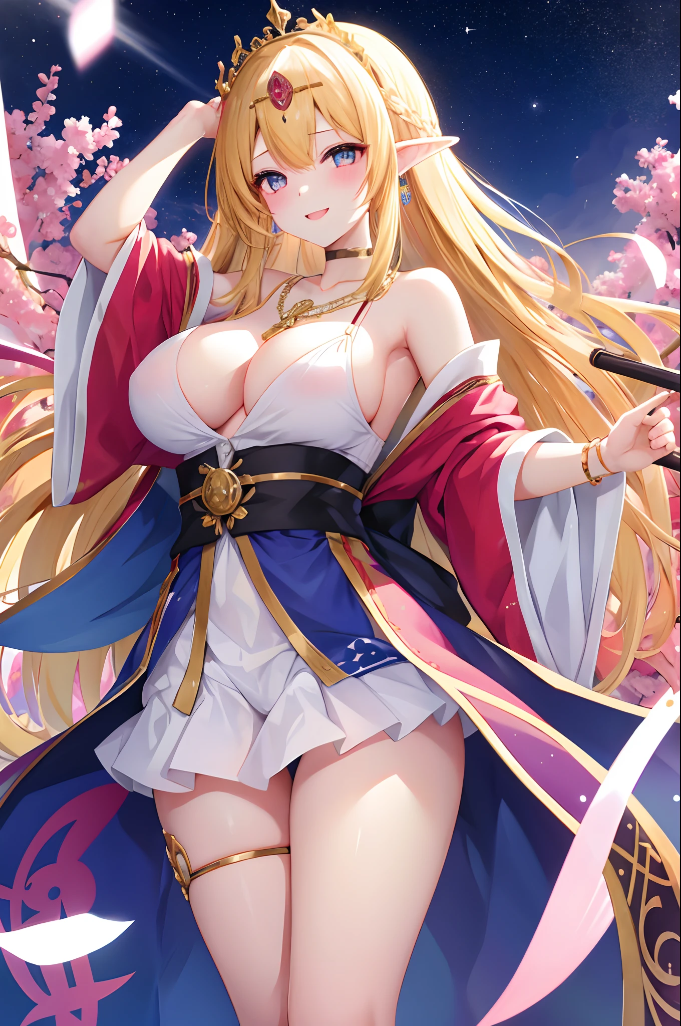 tag: masutepiece, Best Quality, 1girl in,elvish、 Colossal tits, jewely, Gold Hair, robe blanche, Long hair, Solo, blush, Big breasts, Necklace, White underwear, Beautiful eyes, , Starry sky in the background, , thick legs, Big thighs, Armpits, Hair between the eyes, grand background, 鎖骨, Upper body, Bangs, hand in own hair, Parted lips、beautiful tiara、a smile、