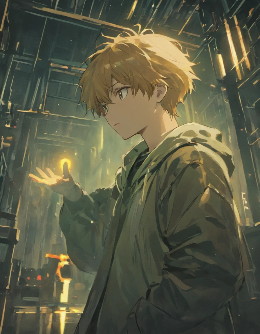 enigmatic atmosphere, atmospheric, ethereal quality,beautiful and aesthetic,, man on boy, sexual tension, shota character (nsfw:0.85),,  power station,, (cold ambiance, dark mood, dim lighting, evocative hues),