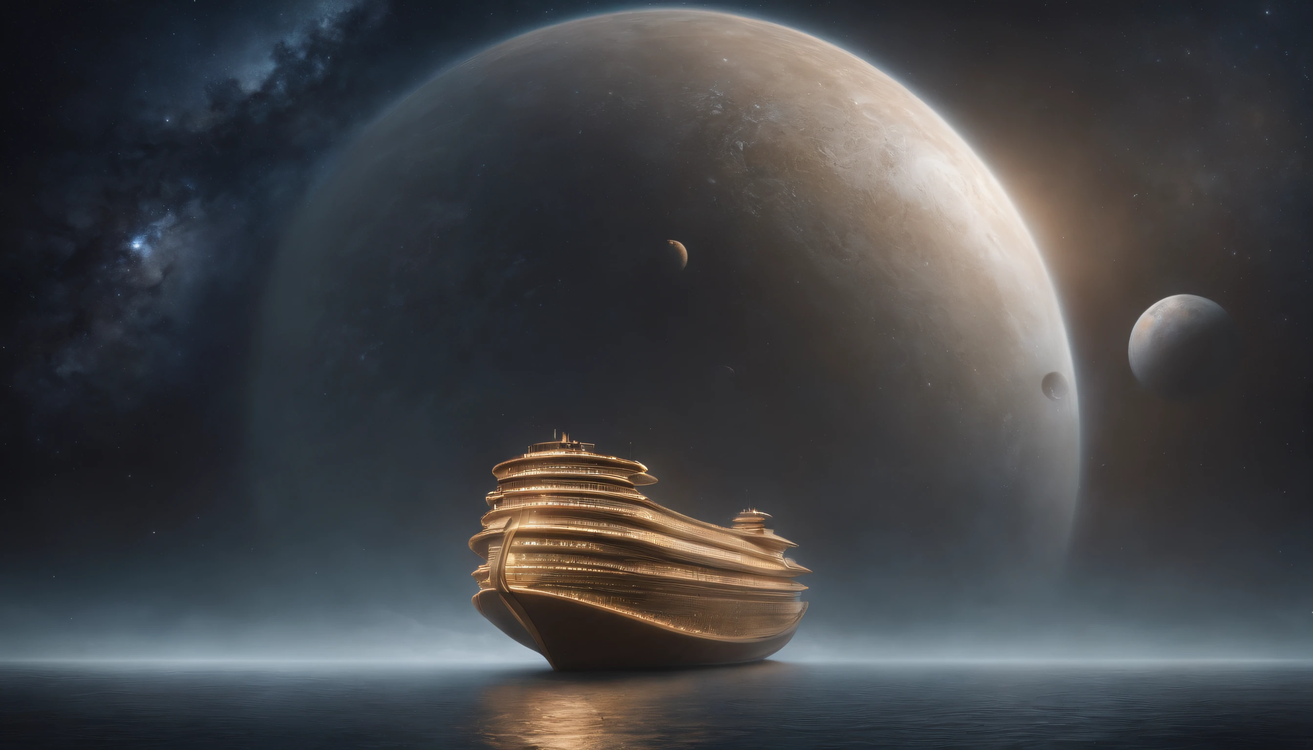 Noah's Ark was reimagined as an interstellar spaceship, Awesome huge container. Shines with futuristic material, It travels gracefully through the universe. The hull is decorated with intricacies, Cosmic pattern, A glittering energy field enveloped it, Protect passengers from the void of space. Show on the, A variety of alien species coexist in harmony, Each species is saved from its own world,Face a catastrophic event. The interior of the ark is a microcosm of life, A sanctuary against the backdrop of infinite stars. This interstellar ark became a symbol of hope, preserving, and the unity of all life forms in the face of universal challenges. Best quality, Intricate details, Clean lines, breathtaking composition, Cosmic hues, Anime realism, Capture the essence of interstellar redemption and unity, An extraordinary and thought-provoking illustration