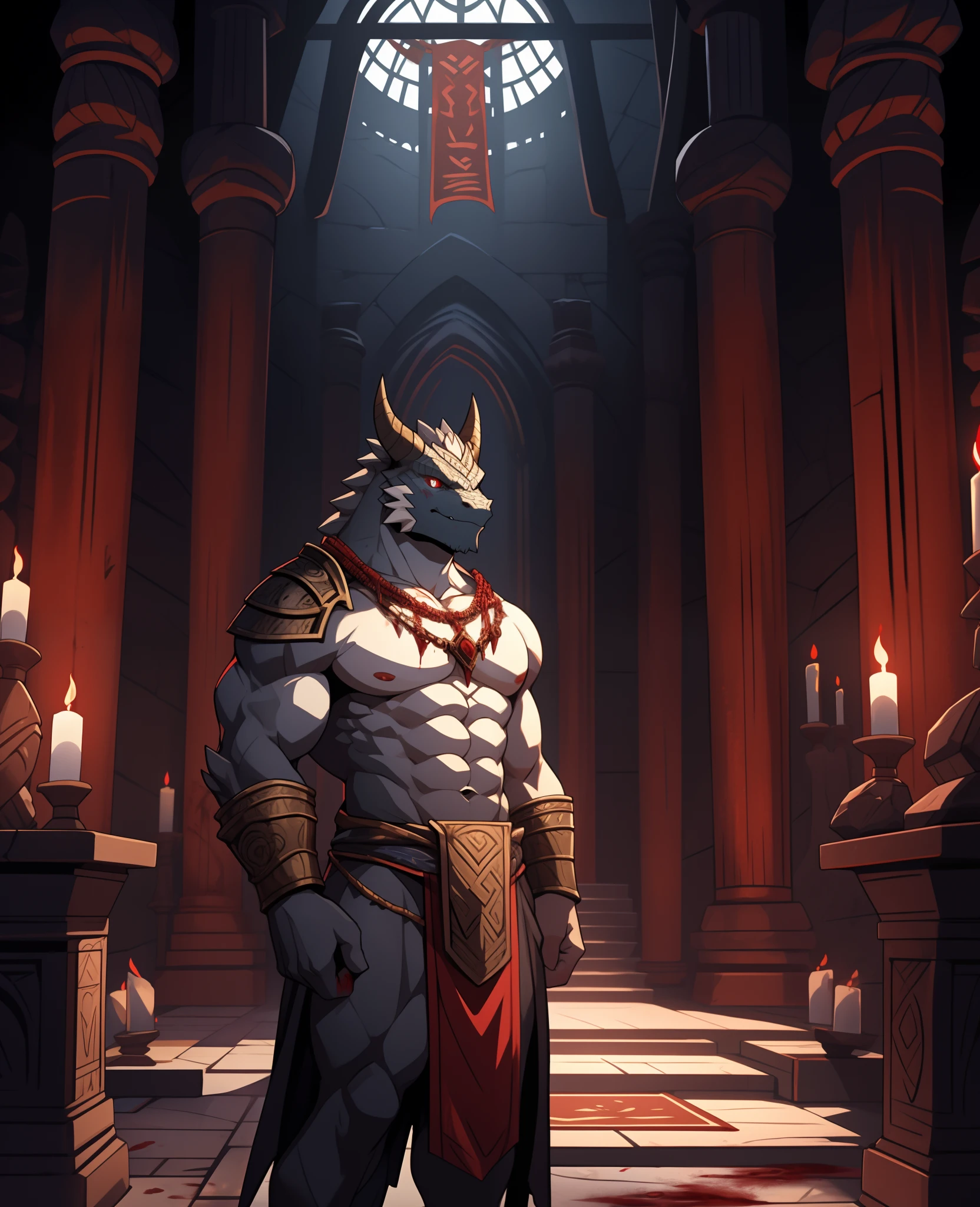Dark impulse, Dragonborn \(DnD\), White body, Red eyes, Male, Muscular, loincloth, Detailed background, Dark, cult, Sacrificial altar, indoor, Temple, Palace, Blood, Very dark, Bust portrait