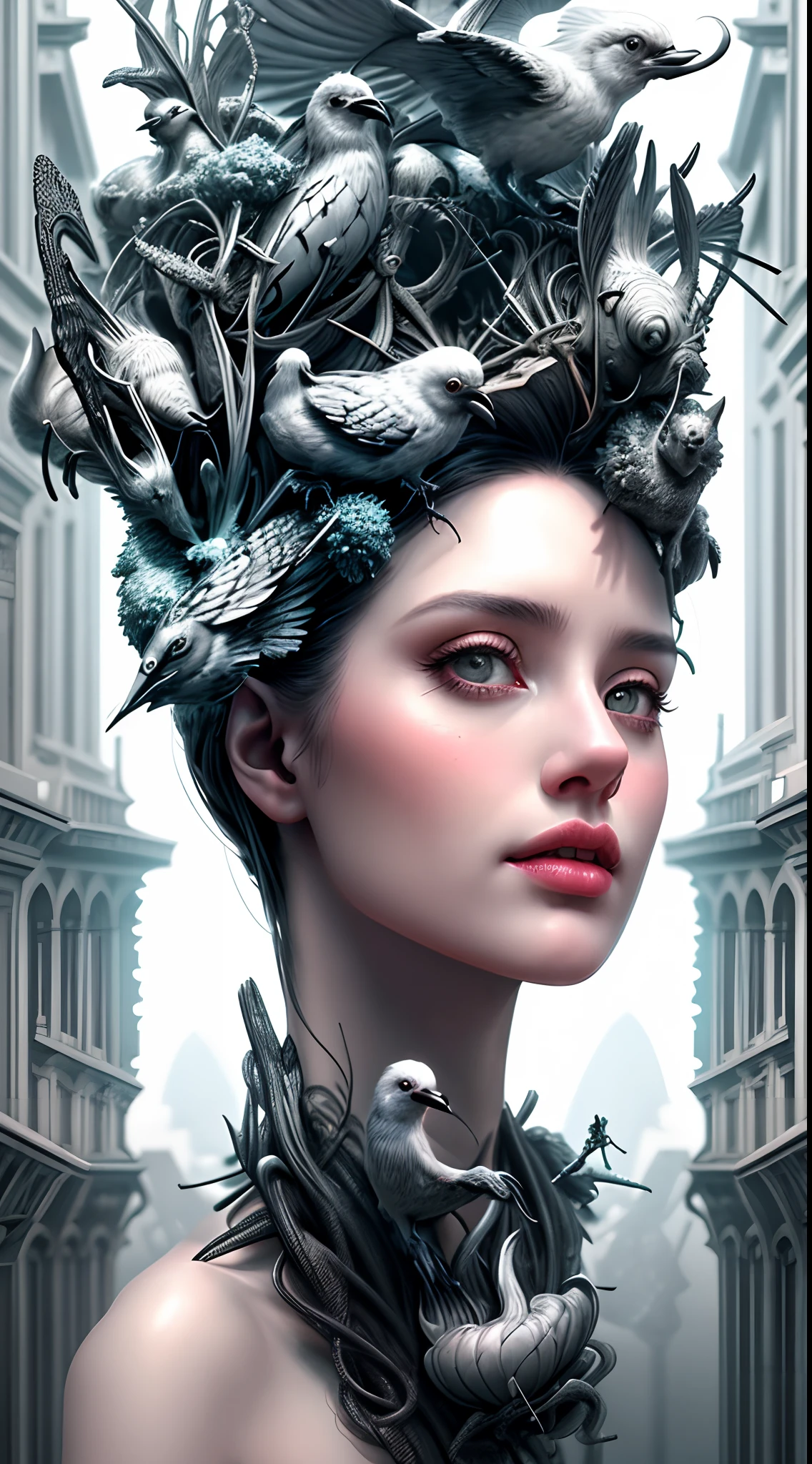 A black and white photo of a woman with a head full of birds, inspirado em Darek Zabrocki, Yuri Shwedoff e Tom Bagshaw, retrato surreal bonito, inspirado em Igor Morski, Hg Giger Flora Borsi, 3d renderizar arte digital, Sylvain Sarrail e Igor Morski