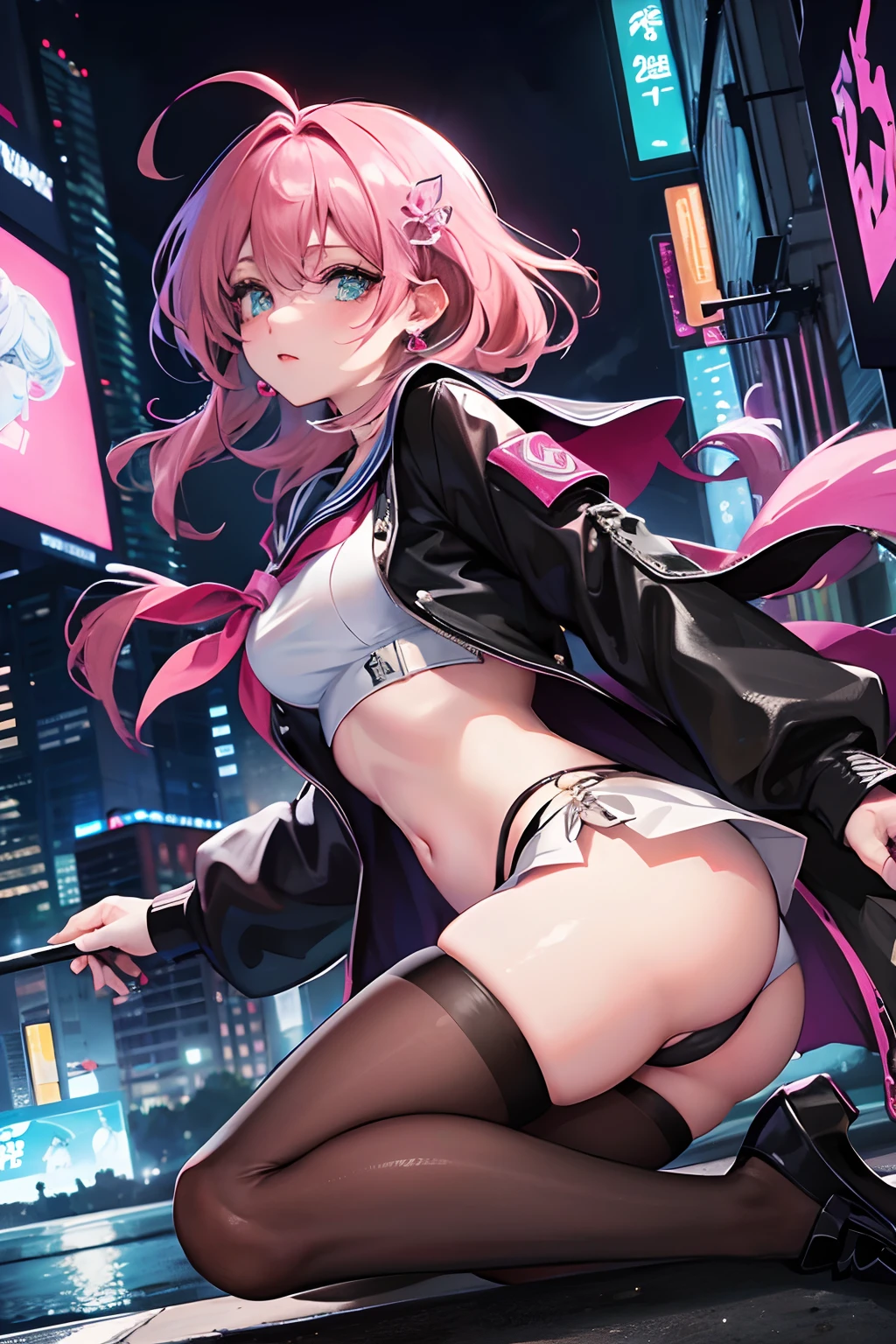 Masterpiece, Best quality, Night, full_Moon, Cityscape, In the cyberpunk city, Real, Huge_filesize, the wallpaper, Girl, Medium hair, Pink hair, Wavy hair, view the viewer, aqua eyes, Small breasts, serafuku, sailor suite, White pantyhose, Earrings, jewelry, pendant, All_all  fours, Undressing,