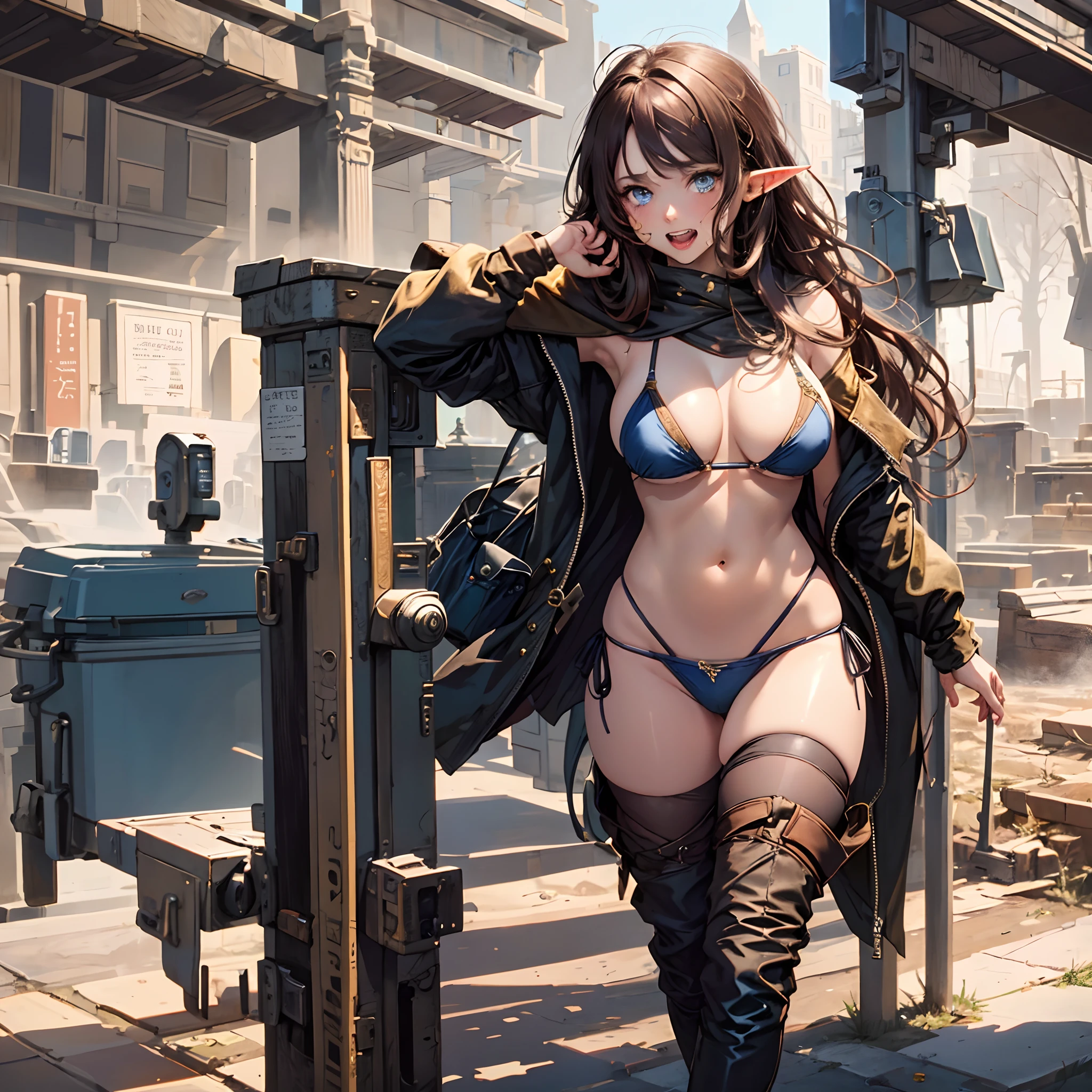 Masterpiece,Best quality,Female pervert,elf,Female,Student,Long hair,Brown hair,Naughty_face,saliva,clench one's teeth,excited,Blue eyes,Large breasts,bikini under clothes,Bare legs