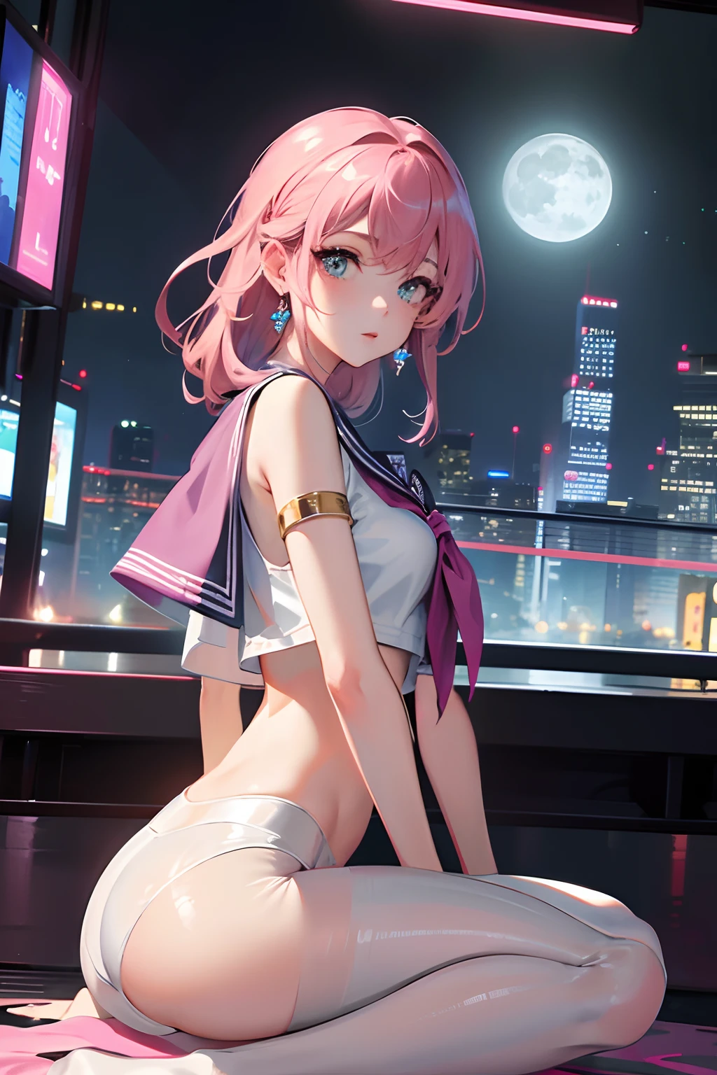 Masterpiece, Best quality, Night, full_Moon, Cityscape, In the cyberpunk city, Real, Huge_filesize, the wallpaper, Girl, Medium hair, Pink hair, Wavy hair, view the viewer, aqua eyes, Small breasts, serafuku, sailor suite, White pantyhose, Earrings, jewelry, pendant, All_all fours, Undressing,