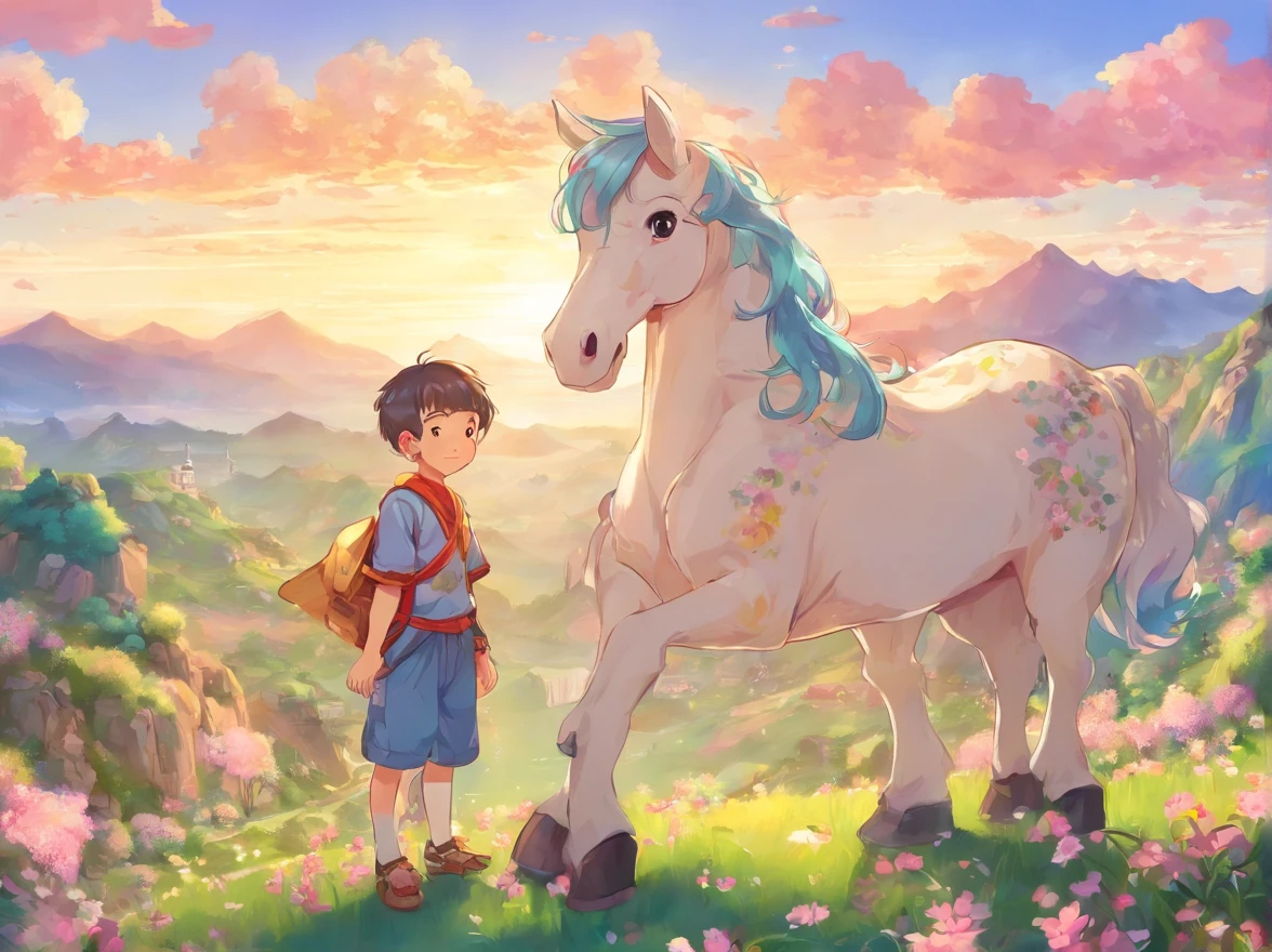 above the mountains。younge boy，Stone horse，The old man looked at the  boy