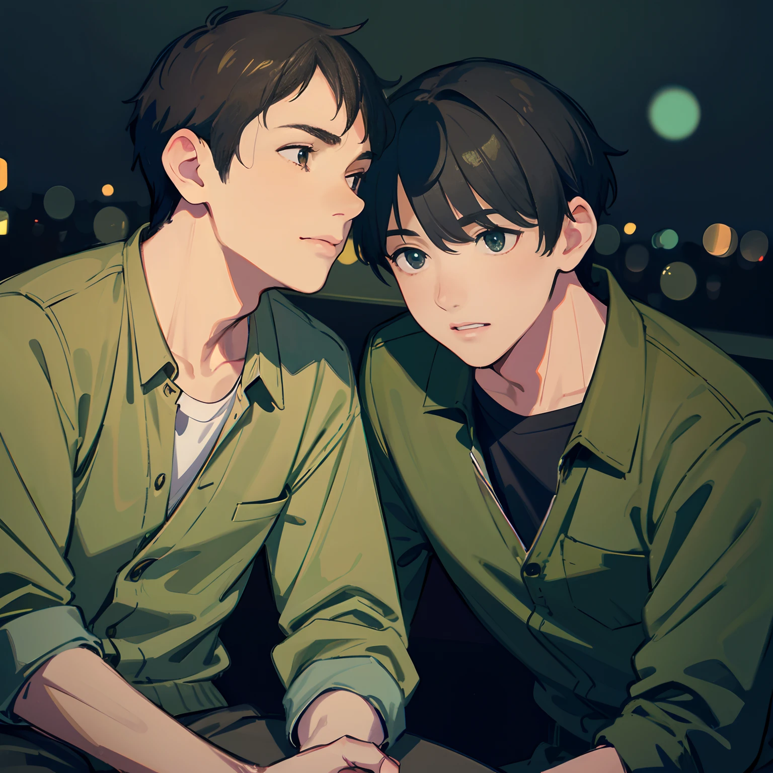 Best Quality, masutepiece, hight resolution, Two adult males,Khaki jacket、Dark green jeans,sitting on,Having a conversation, Gay Male Relationships,Beautiful face,Man's_Body, The face of a shy man、Man's eyes、, two tone lighting,(High detailed skin:1.2), 8K UHD, Digital SLR, Soft lighting, High quality, Volumetric lighting, Candid, photograph, High resolution, 4K, 8K, Bokeh