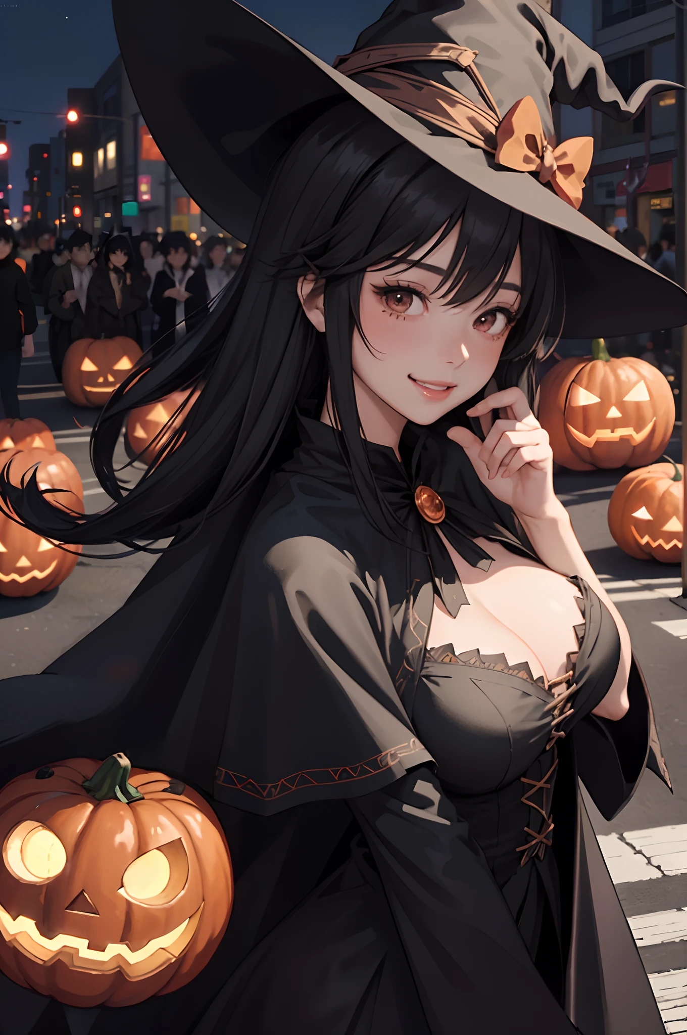 1lady solo, riding on big broom, /(witch costume hat/) /(black capelet/), /(black hair/) bangs, blush kind smile, (masterpiece best quality:1.3) delicate illustration ultra-detailed , large breasts BREAK /(streets of Shibuya/) outdoors, jack-o'-lantern Halloween parade, crowded audience, night