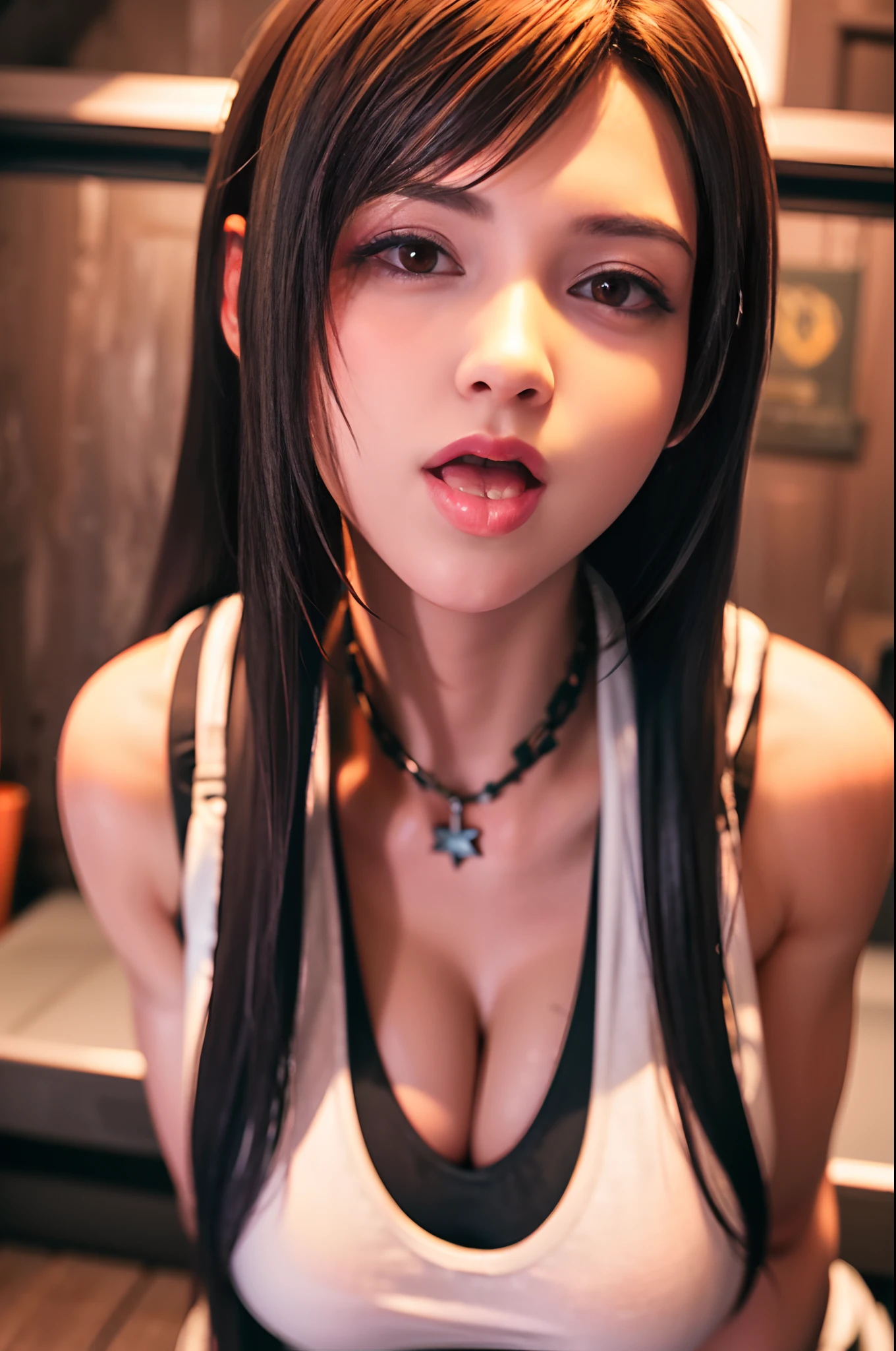 （red blush:1.5，teak、20yr old，elongated eyes)、(((1 female、Upper body、（Raise your face further）thick penises、oral、1boys、licking out、put out the tongue、licking 、Big 、And、shinny skin:1.2)))、((Tifa Lockhart、Colossal tits、cleavage of the breast))、((Beautiful detailed red eyes))、Long hair、ultra detail face、Professional Lighting), Best Quality, Perfect face, (Collar with chain、white tank tops )、(realisticlying:1.4)、 top-quality、Very fine and beautiful、 Tifa_lockhart， brunette color hair，Wearing sweat， elbow groves， Face Light， Cinematographic lighting， nabel，(Dark Prison、Dark Dungeon:1.5) ， the background is blurred， Flapping hair， Adult beauty、Looking at the camera、(Man's )