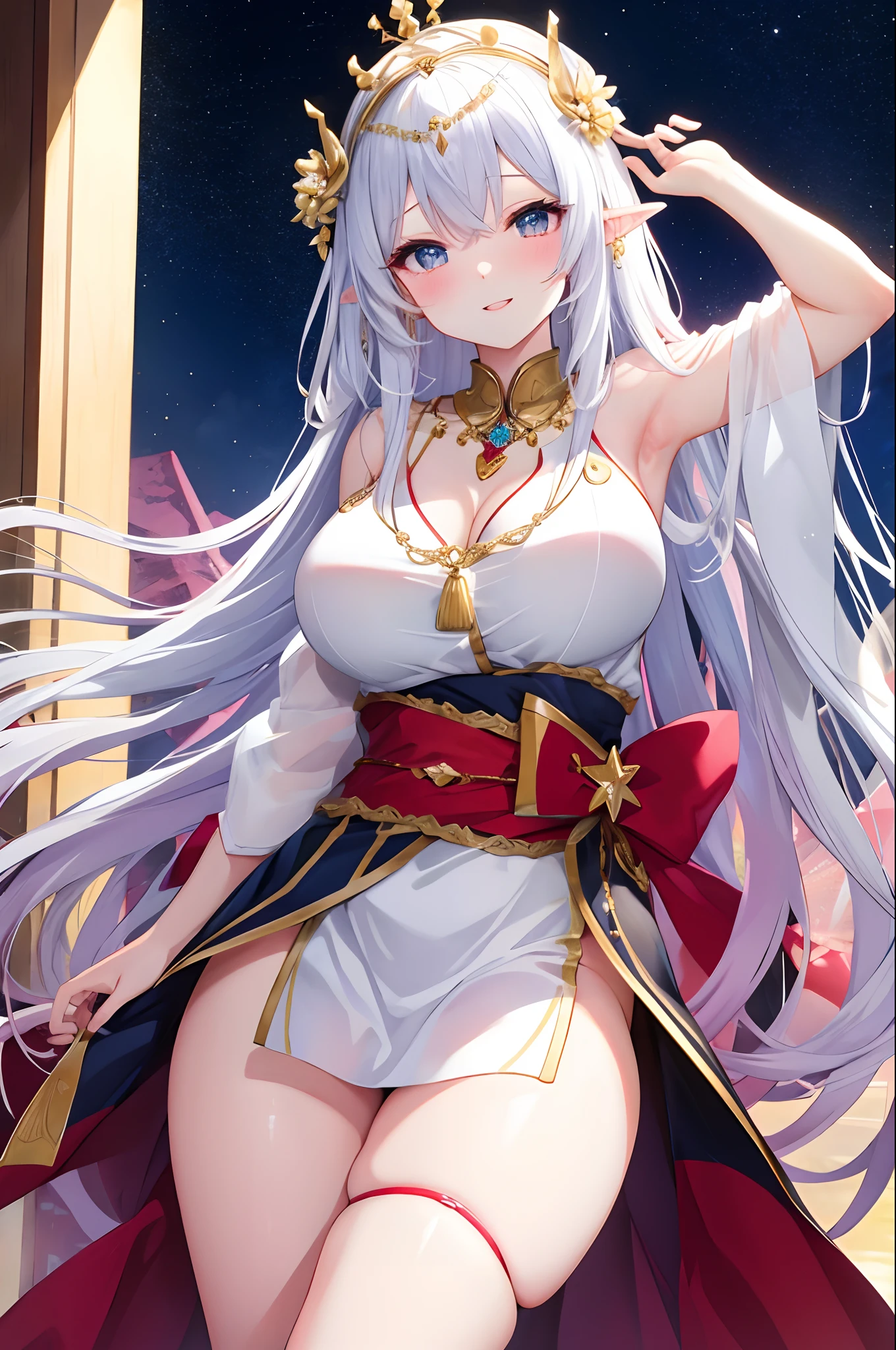 tag: masutepiece, Best Quality, 1girl in,elvish、 Colossal tits, jewely, Gold Hair, robe blanche, Long hair, Solo, blush, Big breasts, Necklace, White underwear, Beautiful eyes, , Starry sky in the background, , thick legs, Big thighs, Armpits, Hair between the eyes, grand background, 鎖骨, Upper body, Bangs, hand in own hair, Parted lips、beautiful tiara、a smile、
