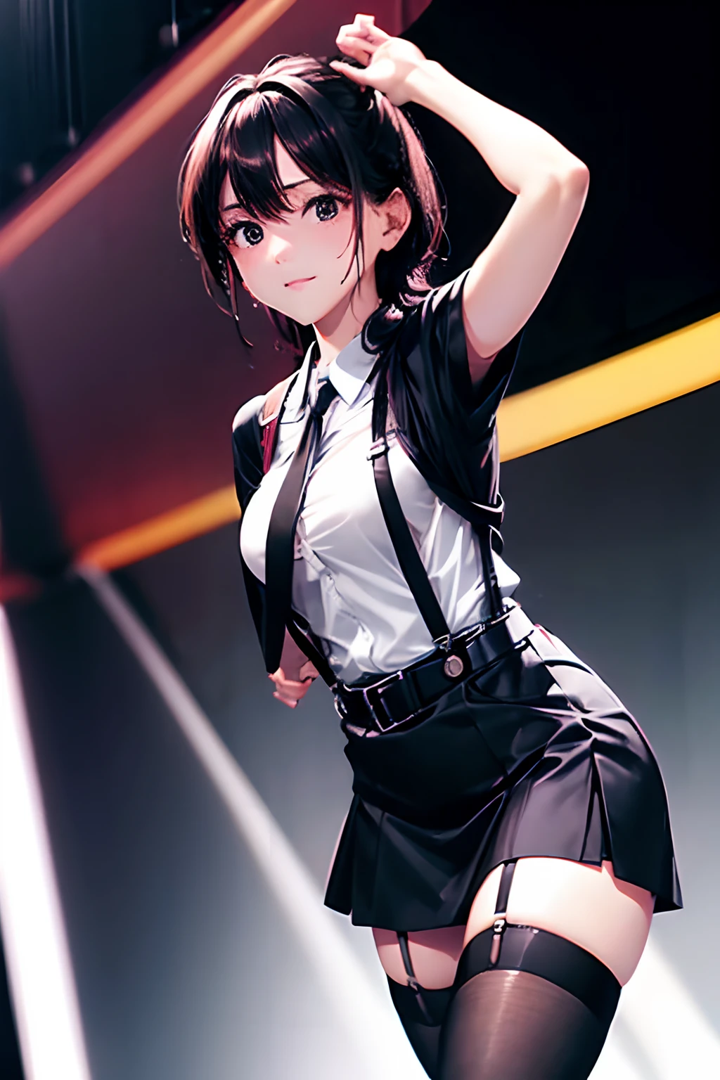 Suit,Collared shirt,Belt bag,Suspenders black mini skirt　garterbelts　knee high　Stockings　Black Niso　Colorcon armpit sweat　perspiring　Side of both hands,Black jacket,Gaze,ample bosom,Armpit sweat,Exposing the armpits"Pichi Pichi clothes