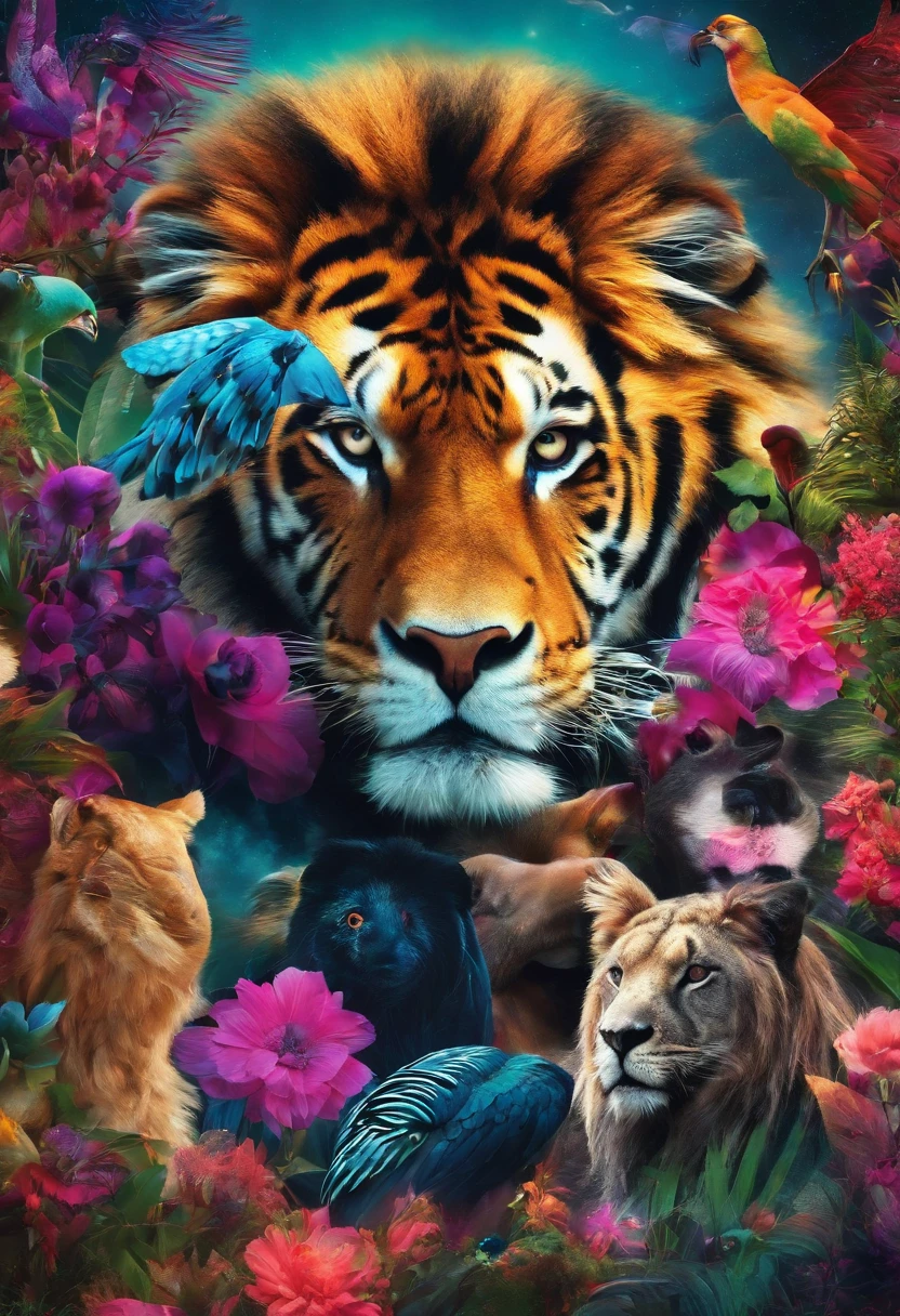 collage vibrante y colorido, with neon and shocking animals.