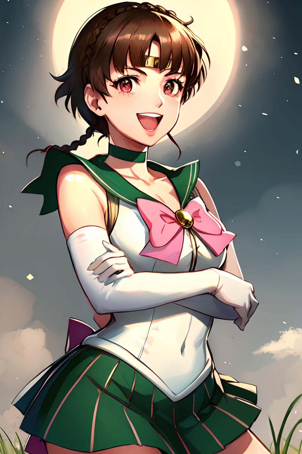 makoto nijima, blunt bangs, braid, brown hair, crown braid, red eyes, tiara, jewelry, sailor senshi uniform, green sailor collar, choker, elbow gloves, white gloves, pink bow, brooch, leotard, green skirt, cowboy shot, standing, field, smile, open mouth, striking a pose