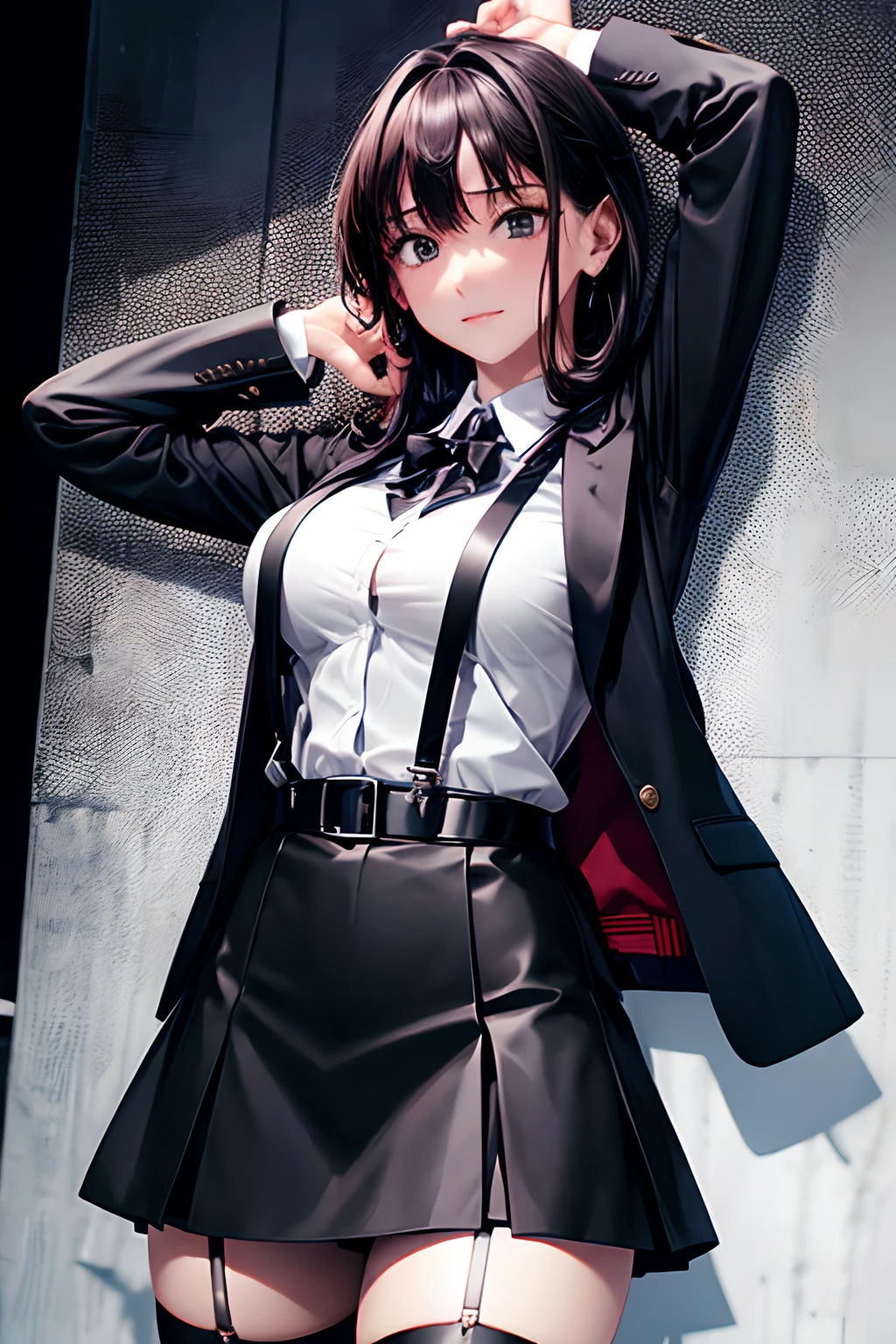 Suit,Collared shirt,Belt bag,Suspenders black mini skirt　garterbelts　knee high　Stockings　Black Niso　Colorcon armpit sweat　perspiring　Side of both hands,Black jacket,Gaze,ample bosom,Armpit sweat,Exposing the armpits"Pichi Pichi clothes