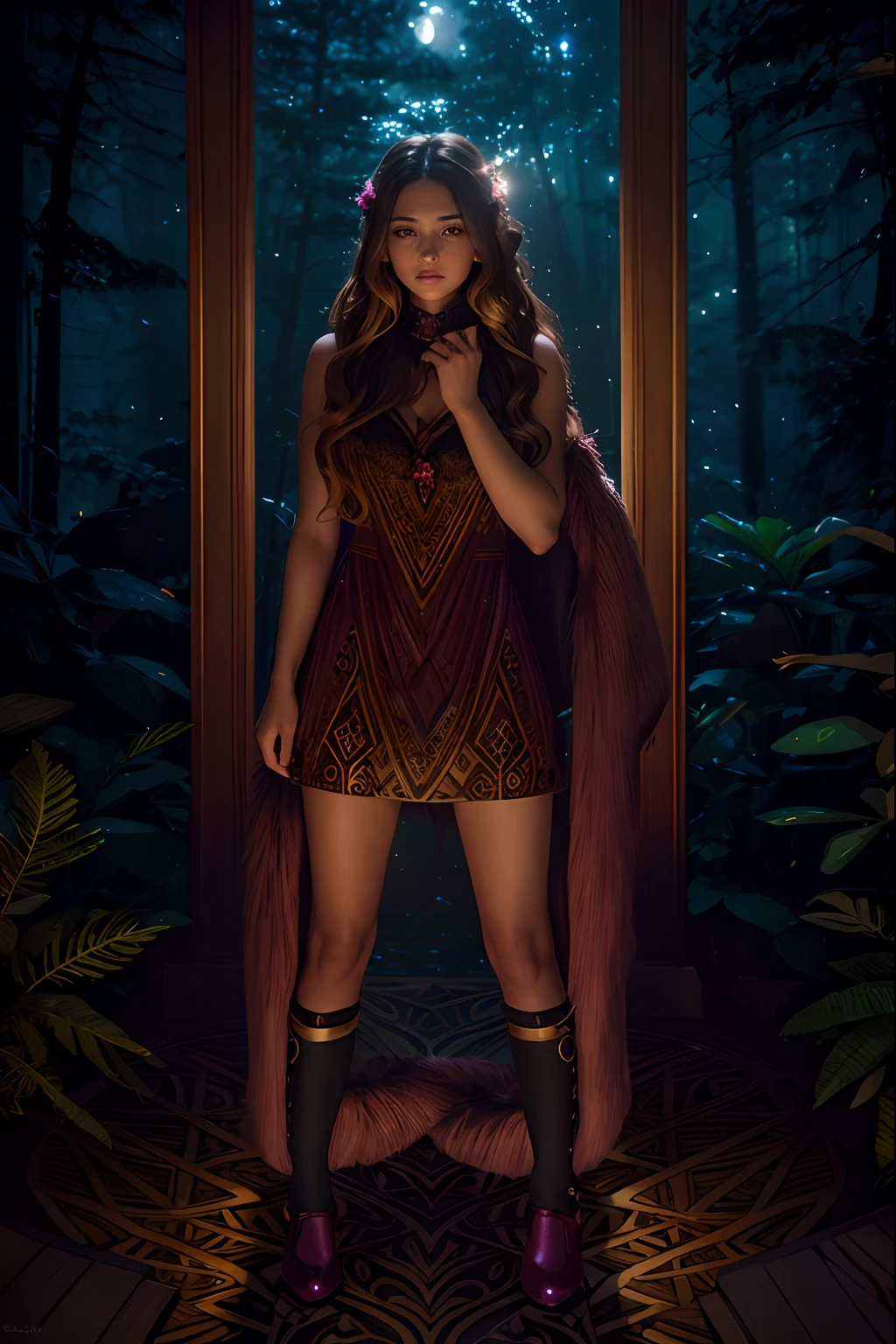 a ((girl, forest girl, fur collar, woman)) Mulatto, her skin is a deep brown covered in many pink and light blue bioluminescent tattoos of rune and Nordic design, solid rich deep brown hair color, beautiful long full wavy brown hair with bioluminescent yellow gold and white highlights, very dark forest trail, wearing a glowing enchanted gemmed collar color with bioluminescent, bioluminescent, full moon-lit, iconography, hints of maroon color, ultra detailed, beautiful and aesthetic, High quality, beautiful, masterpiece, best quality, (zentangle, mandala, tangle, entangle :0.6), 24k resolution, photorealistic around the world just to say She had been mine for a day