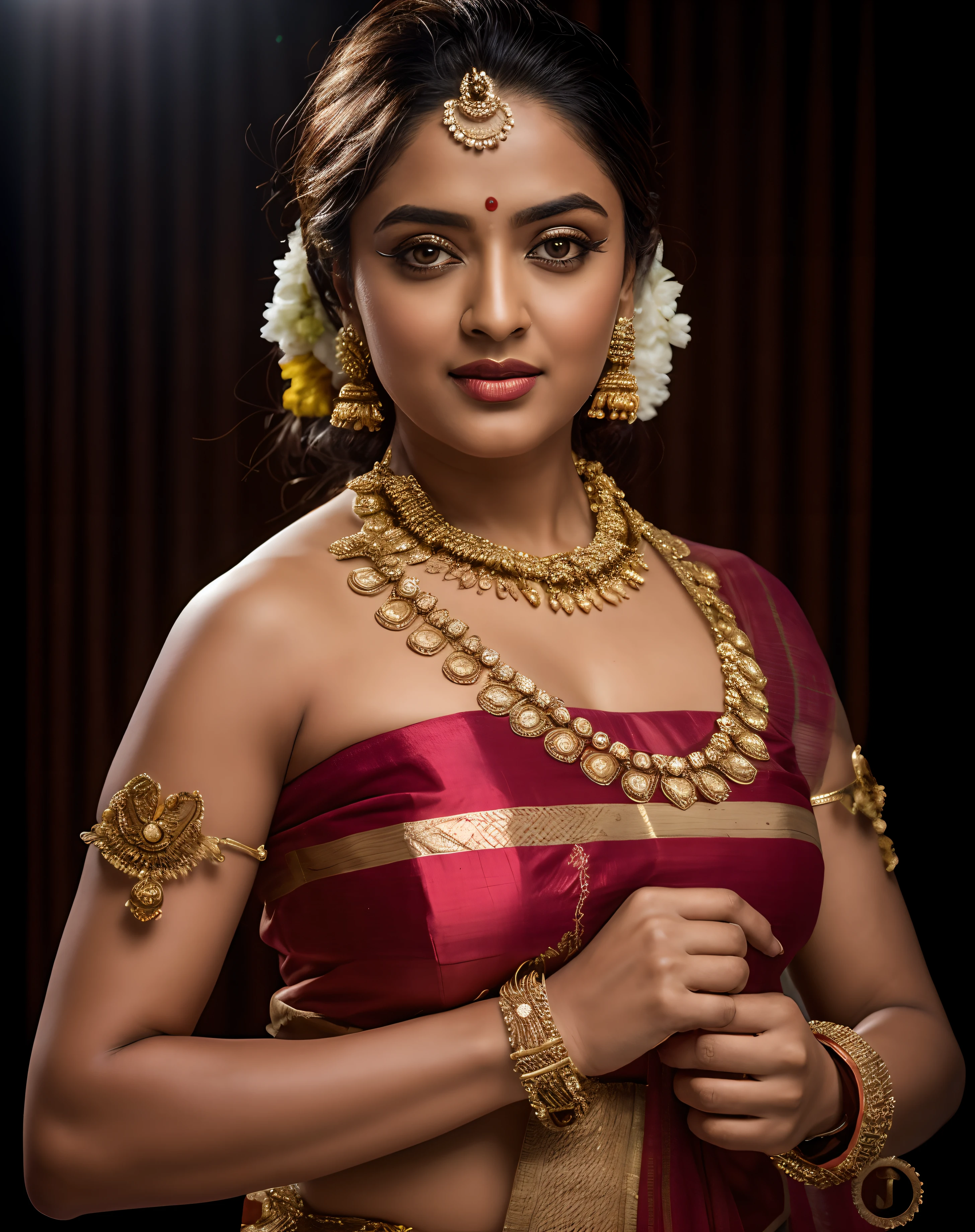 Foto RAW, photorealistic, photography, full body shot, master shot, Saree model, model Photography, Indian saree shoot, Indian traditional wear advertising photography, traditional wear brand shoot, face of Indian actress Anushka shetty, masterpiece, realistic, realism, photorealism, high contrast, photorealistic Artstation 8k HD digital art trend of high definition and detailed realistic skin texture, ultra detail, realistic skin texture, armature, best quality, ultra high definition, (photorealistic:1.4),, high resolution, detail, raw photo, Re sharp, by Lee Jefferies Nikon D850 Film Stock Photo 4 Kodak Portra 400 Camera F1.6 Lens Rich Color Ultra Real Realistic Realistic Textures Dramatic Lighting Unreal Engine Trending at Art Station Cinestill 800,(pele altamente detalhada: 1.2), 8k UHD, DSLR, soft-lighting, alta qualidade, grain of film, Fujifilm XT3