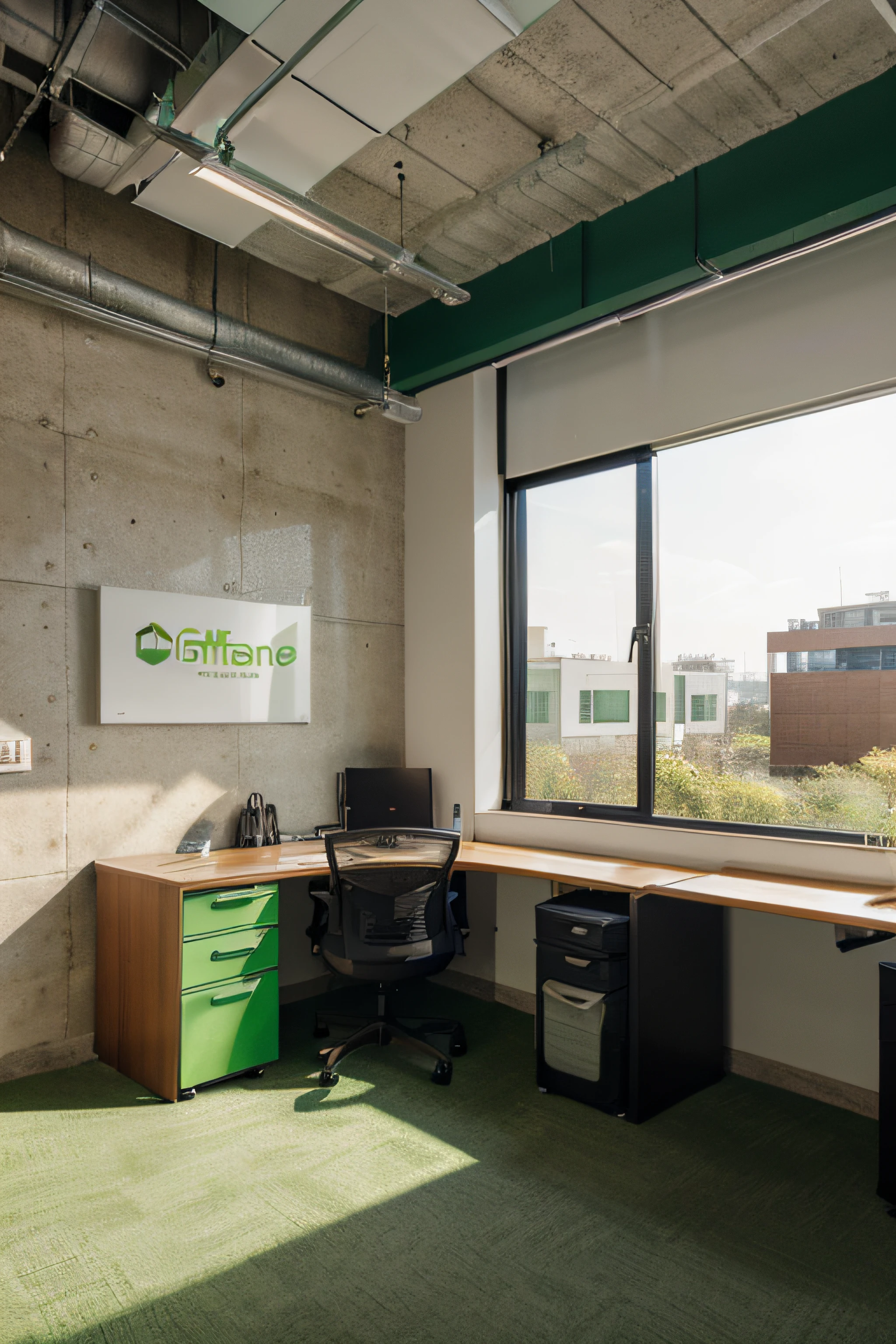 landscape size, office with green details, marketing agency, place for logo