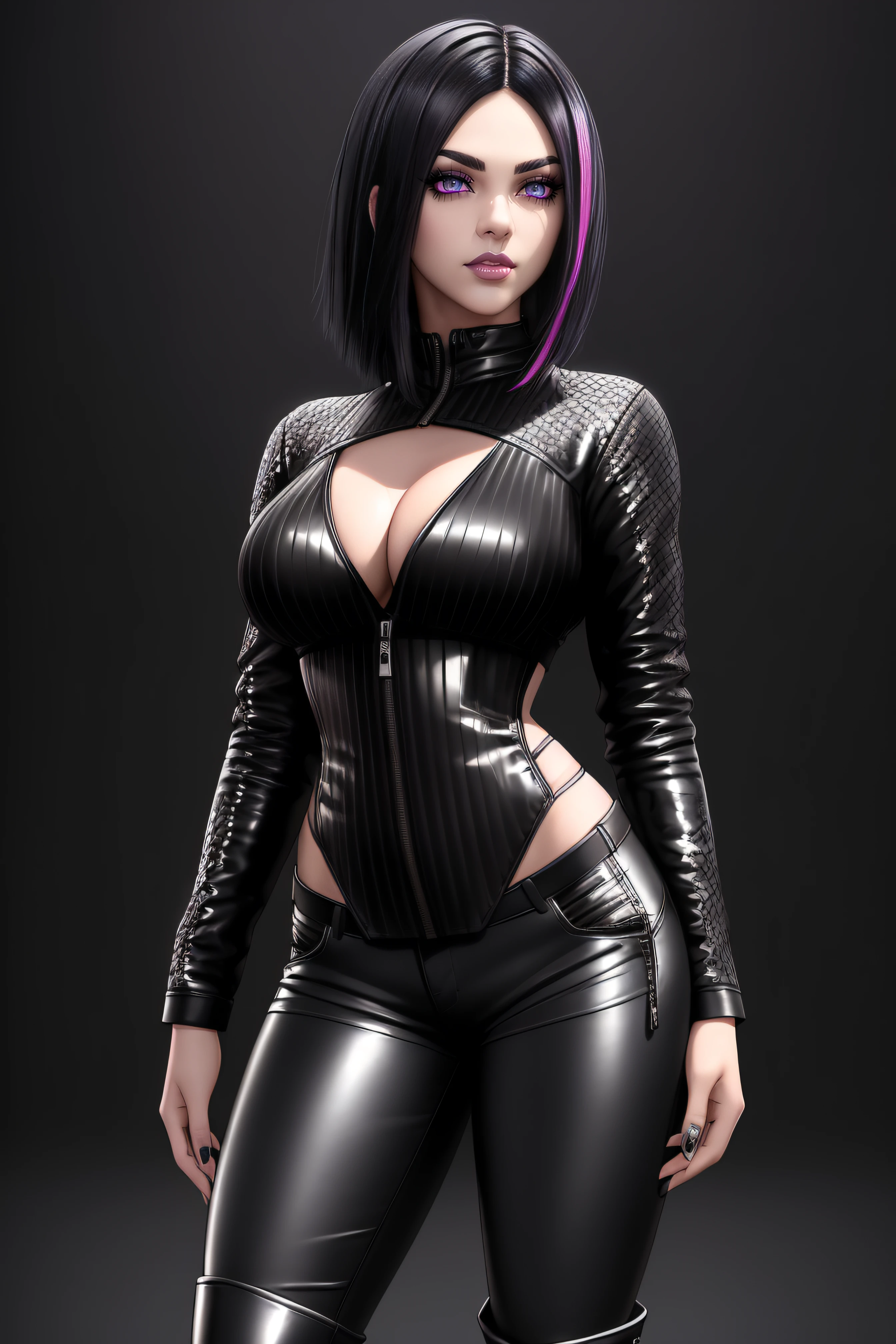 beautiful girl, ((standing:1.4)), (confident gaze:1.1), full body, short bright neon streaked black hair, ((realistic highly detailed eyes:1.4)), ((seductive pose:1.2)), black eyeshadow, (street style wear:1.2), ((tight fitted pants)), ((knee high leather boots)), (dark city night black background:1.4), dark makeup, digital art, trending on artstation, highly detailed, fine detail, intricate, detailed facial features, sharp focus, smooth, aesthetic,