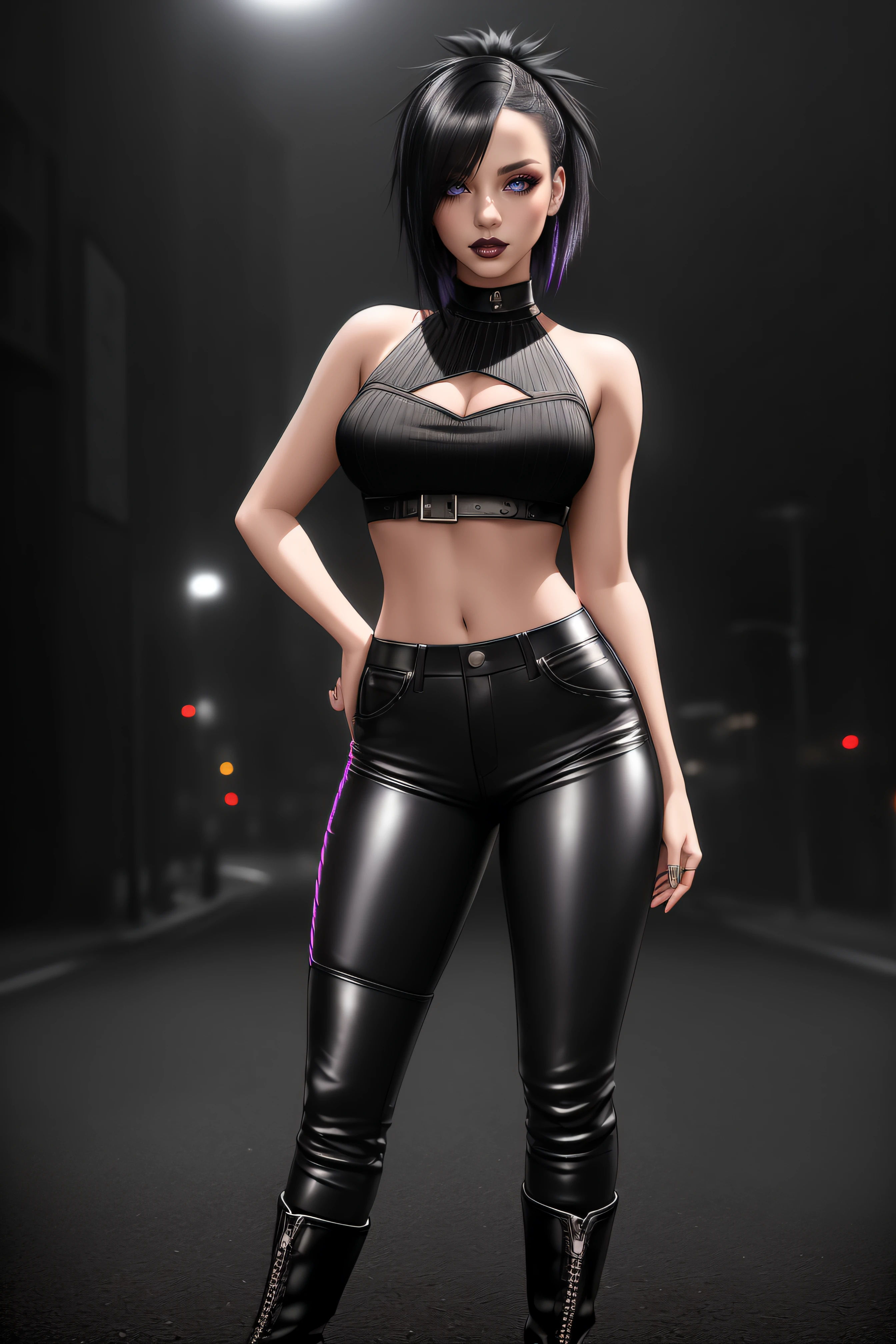 beautiful girl, ((standing:1.4)), (confident gaze:1.1), full body, short bright neon streaked black hair, ((realistic highly detailed eyes:1.4)), ((seductive pose:1.2)), black eyeshadow, (street style wear:1.2), ((tight fitted pants)), ((knee high leather boots)), (dark city night black background:1.4), dark makeup, digital art, trending on artstation, highly detailed, fine detail, intricate, detailed facial features, sharp focus, smooth, aesthetic,