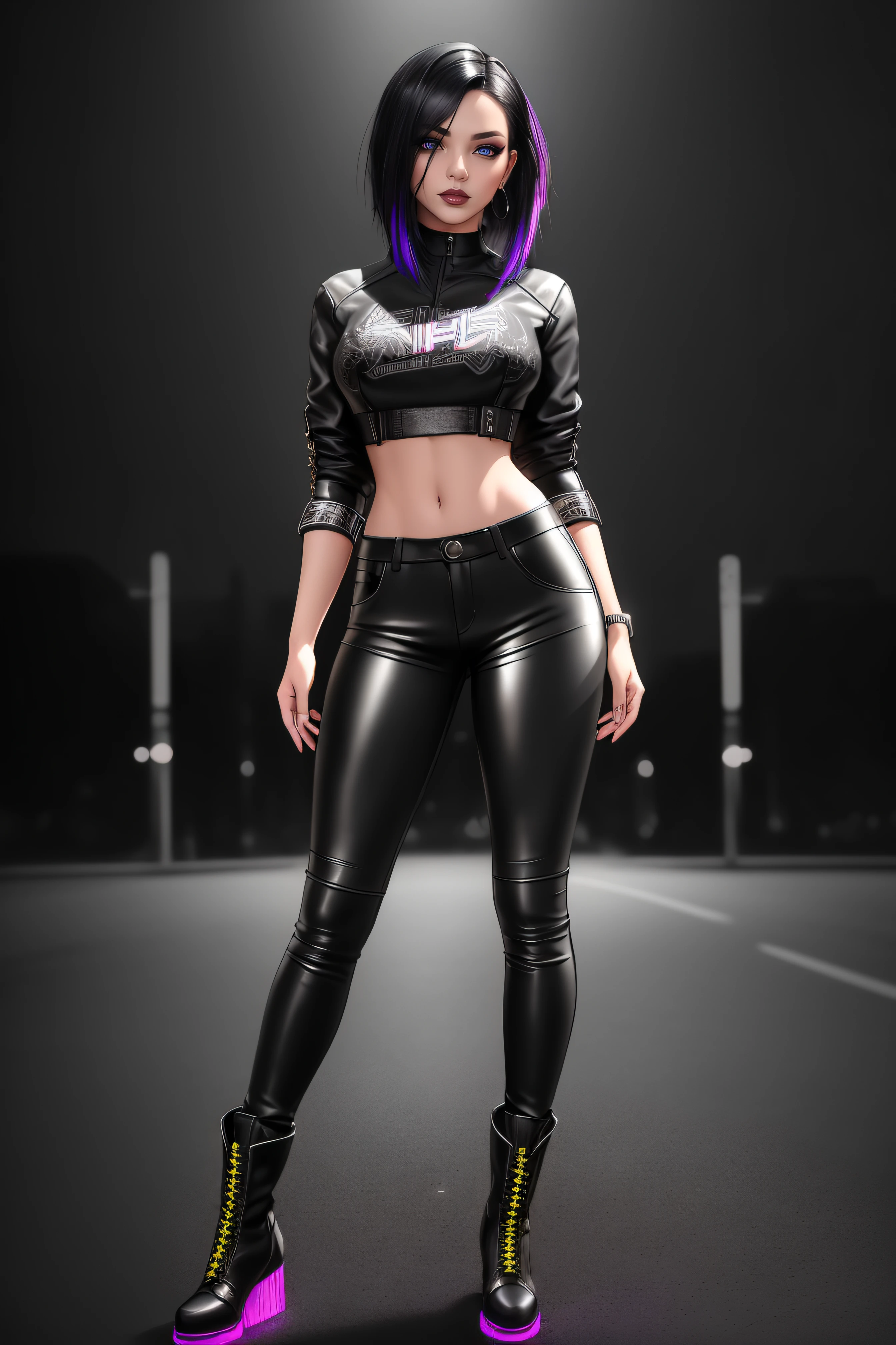 beautiful girl, ((standing:1.4)), (confident gaze:1.1), full body, short bright neon streaked black hair, ((realistic highly detailed eyes:1.4)), ((seductive pose:1.2)), black eyeshadow, (street style wear:1.2), ((tight fitted pants)), ((knee high leather boots)), (dark city night black background:1.4), dark makeup, digital art, trending on artstation, highly detailed, fine detail, intricate, detailed facial features, sharp focus, smooth, aesthetic,