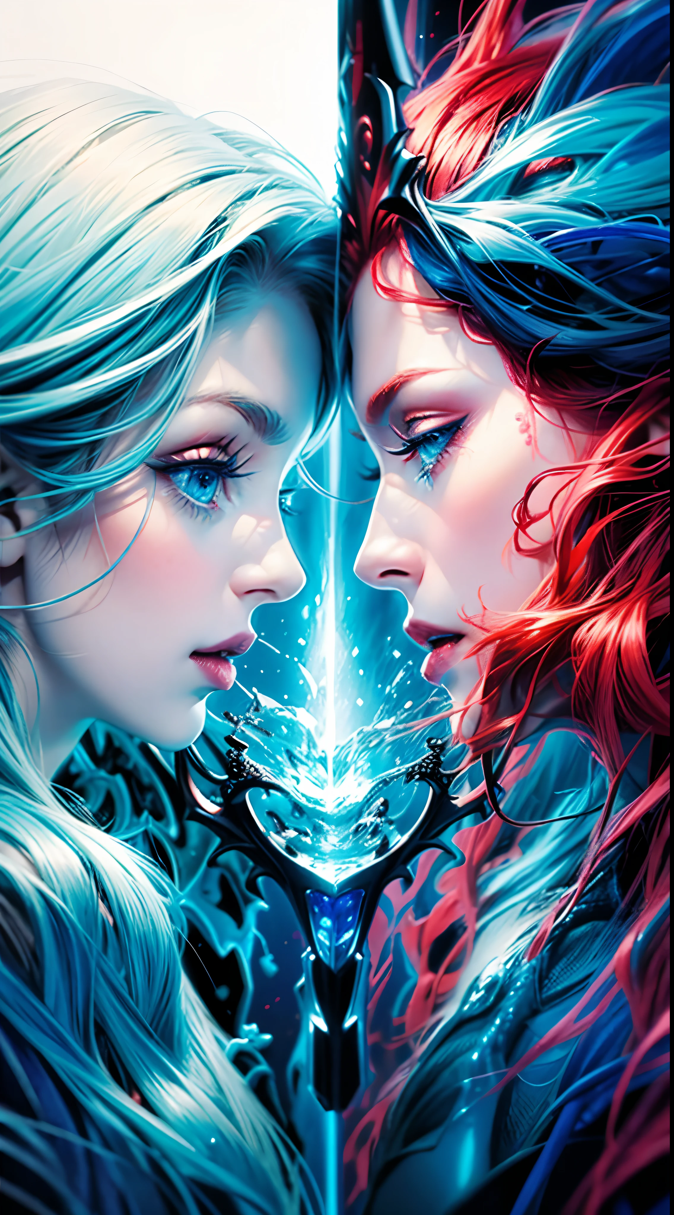 Two women with red hair and blue eyes are facing each other, um de frente para o outro, azul e vermelho, fogo laranja/dualidade gelo azul!, beautiful gemini good and evil, twin souls, fogo e gelo, tons de azul e vermelho, vermelho e azul, vermelho e ciano, Directed by: Galen Dara, dualidade, azul ou vermelho, arte bonita