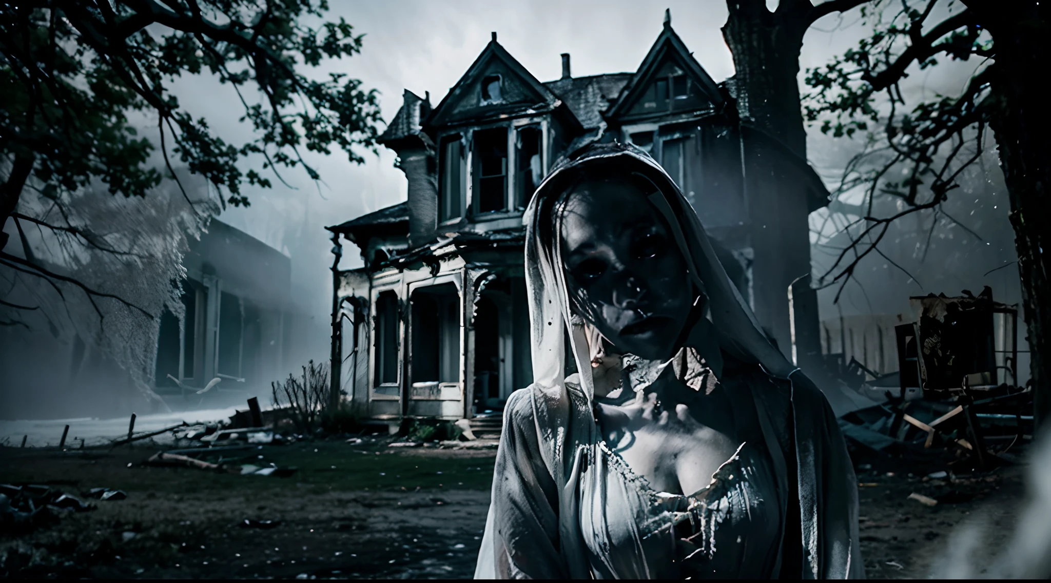 ```(("Eerie Specter: Ghostly Apparition on a Tree Overlooking an Abandoned House")) in a spine-chilling and unsettling composition. Depict a ghostly female figure, dressed in tattered white robes, perched on a gnarled tree overlooking an empty and decaying house. Capture the ghost's eerie presence, with her pale, translucent appearance and hollow gaze, sending shivers down the spine of anyone who beholds her. Emphasize the desolation of the abandoned house, its windows shattered and facade covered in shadows, amplifying the eerie atmosphere. Highlight the contrast between the spectral figure and the lifeless surroundings, creating a sense of dread and foreboding. Convey a feeling of supernatural unease and mysterious presence, evoking a sense of fear and curiosity. Use an art style that exudes a ghostly aura and darkness, employing (((pale, ethereal colors and haunting lighting))) to create a visually haunting portrayal of the creepy white-robed female ghost on the tree, casting a sinister gaze upon the forsaken house, capturing the unsettling ambiance and the spectral mystery in the air.
```