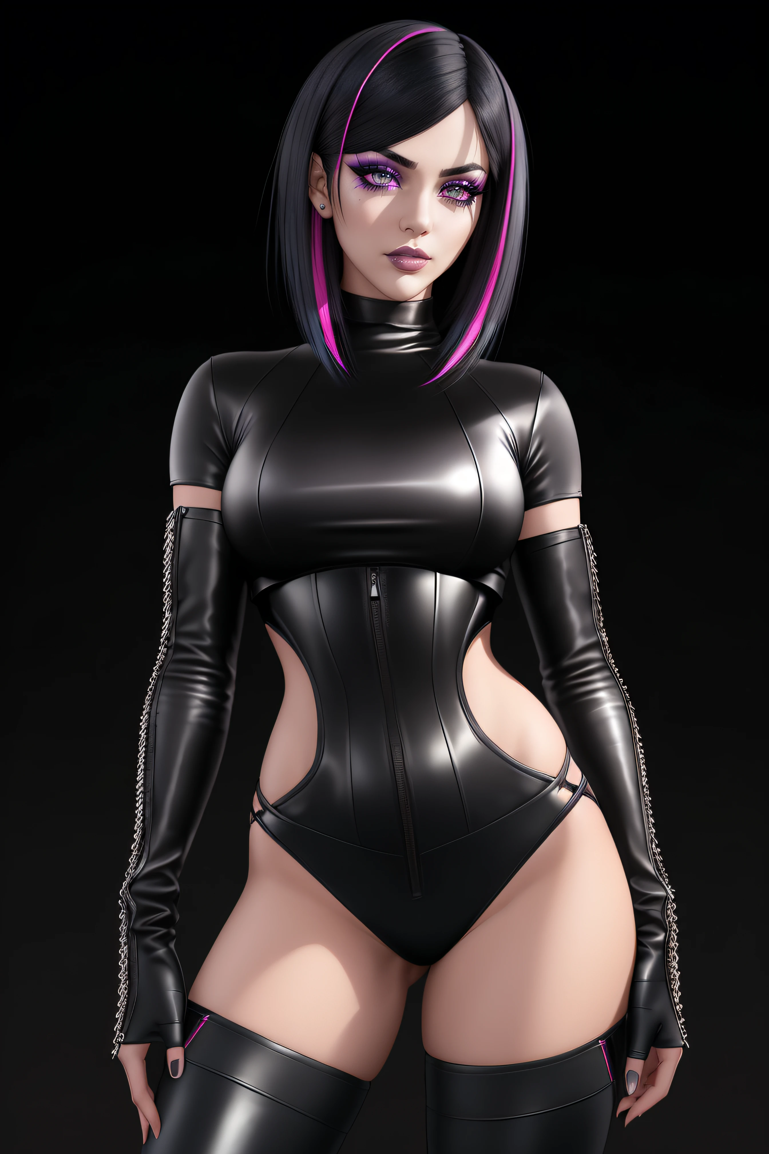 beautiful girl, ((standing:1.4)), (confident gaze:1.1), full body, short bright neon streaked black hair, ((realistic highly detailed eyes:1.4)), ((seductive pose:1.2)), black eyeshadow, (street style wear:1.2), ((tight fitted pants)), ((knee high leather boots)), (dark city night black background:1.4), dark makeup, digital art, trending on artstation, highly detailed, fine detail, intricate, detailed facial features, sharp focus, smooth, aesthetic,