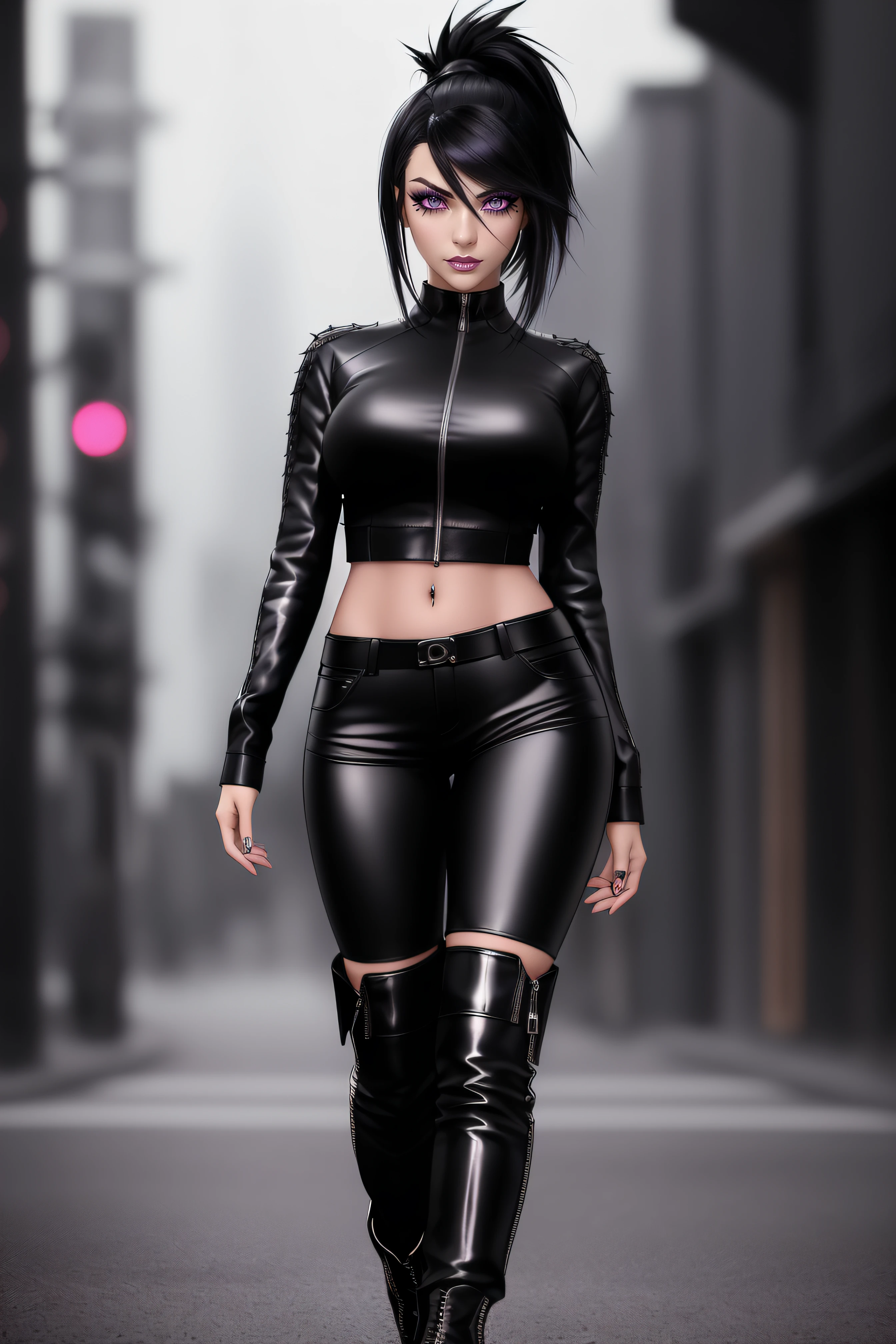 beautiful girl, ((standing:1.4)), (confident gaze:1.1), full body, short bright neon streaked black hair, ((realistic highly detailed eyes:1.4)), ((seductive pose:1.2)), black eyeshadow, (street style wear:1.2), ((tight fitted pants)), ((knee high leather boots)), (dark city night black background:1.4), dark makeup, digital art, trending on artstation, highly detailed, fine detail, intricate, detailed facial features, sharp focus, smooth, aesthetic,