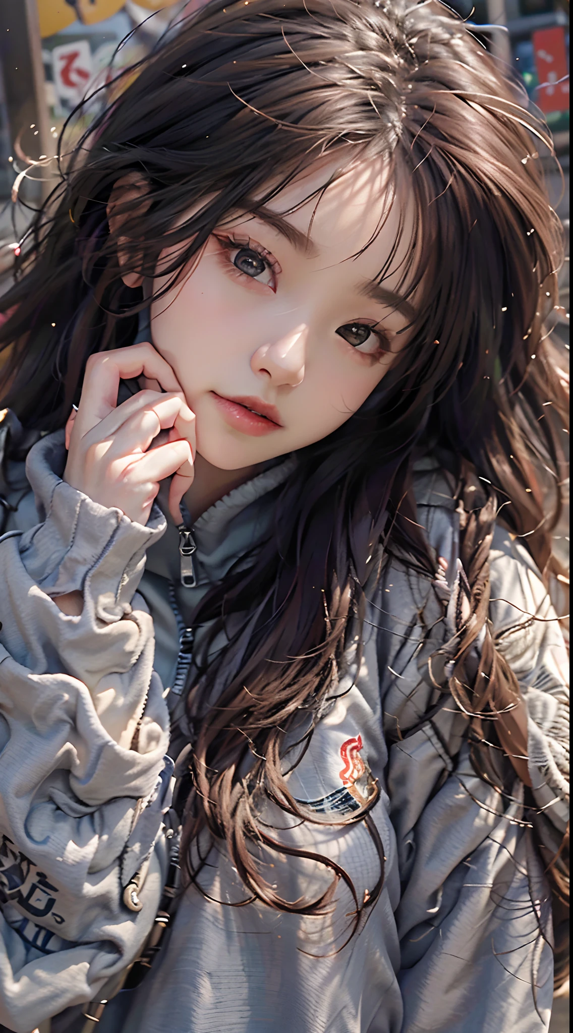 (Hyper-realistic) , (illustratio), (Increase the resolution), (8K), （RAW photos，best qualtiy），（realisticlying，photograph realistic：1.3），best qualtiy，highly  detailed，tmasterpiece，Hyper-detailing，one-girl，Stylish sweatshirt, Windbreaker long skirt，Poster on the front。