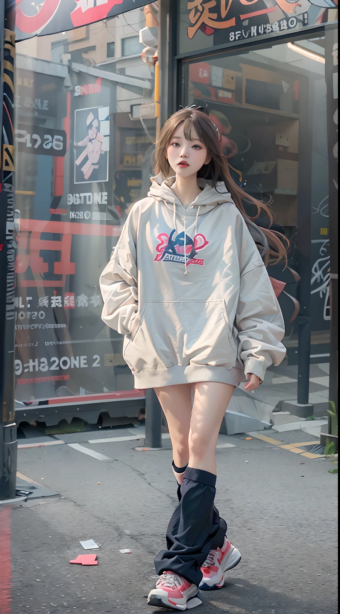 (Hyper-realistic) , (illustratio), (Increase the resolution), (8K), (RAW photos,best qualtiy),(realisticlying,photograph realistic:1.3),best qualtiy,highly detailed,tmasterpiece,Hyper-detailing,one-girl,Stylish sweatshirt, Windbreaker long skirt,Poster on the front。