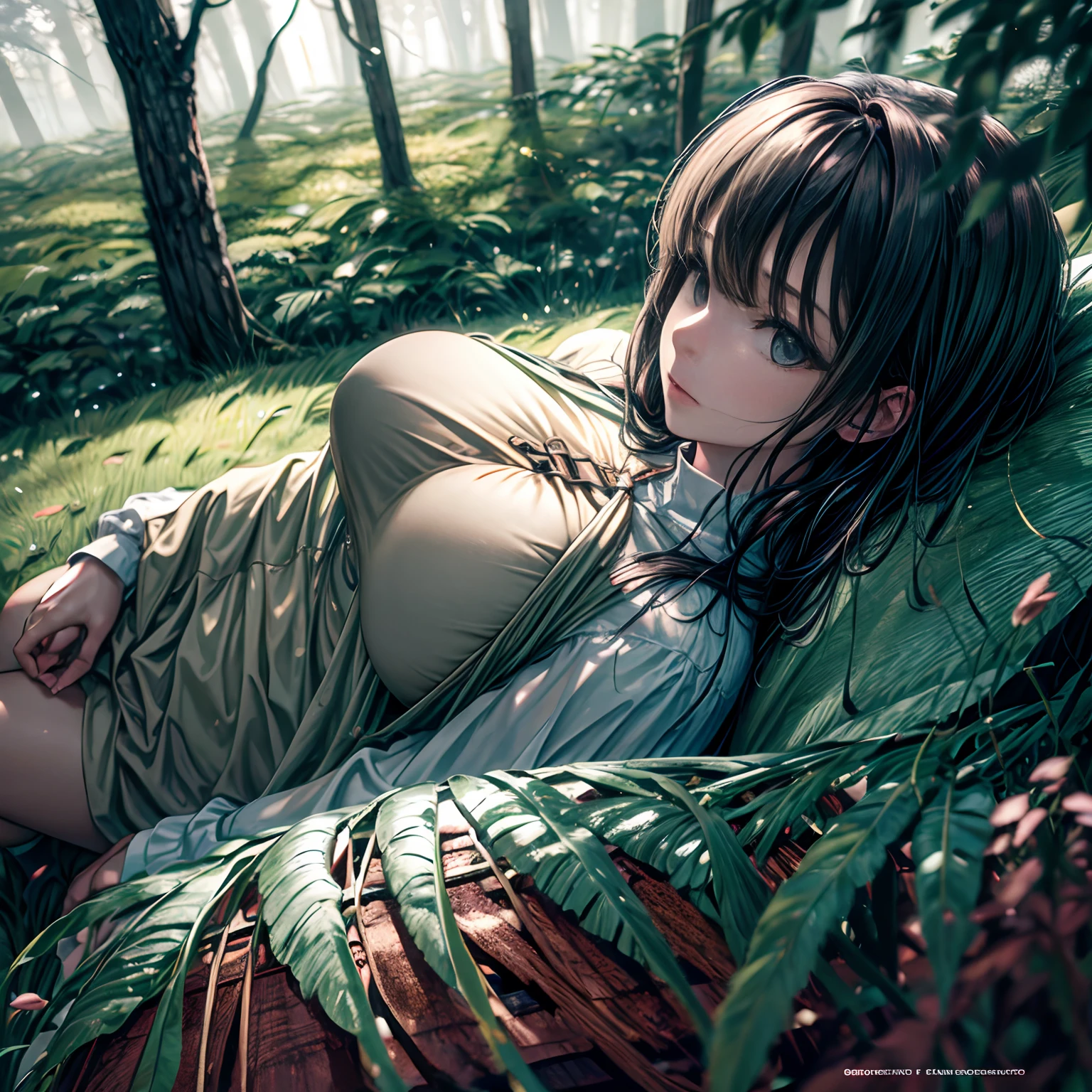 Mist in the Woods, A female warrior taking a brief respite, wearing fully clothed dress, giga_busty