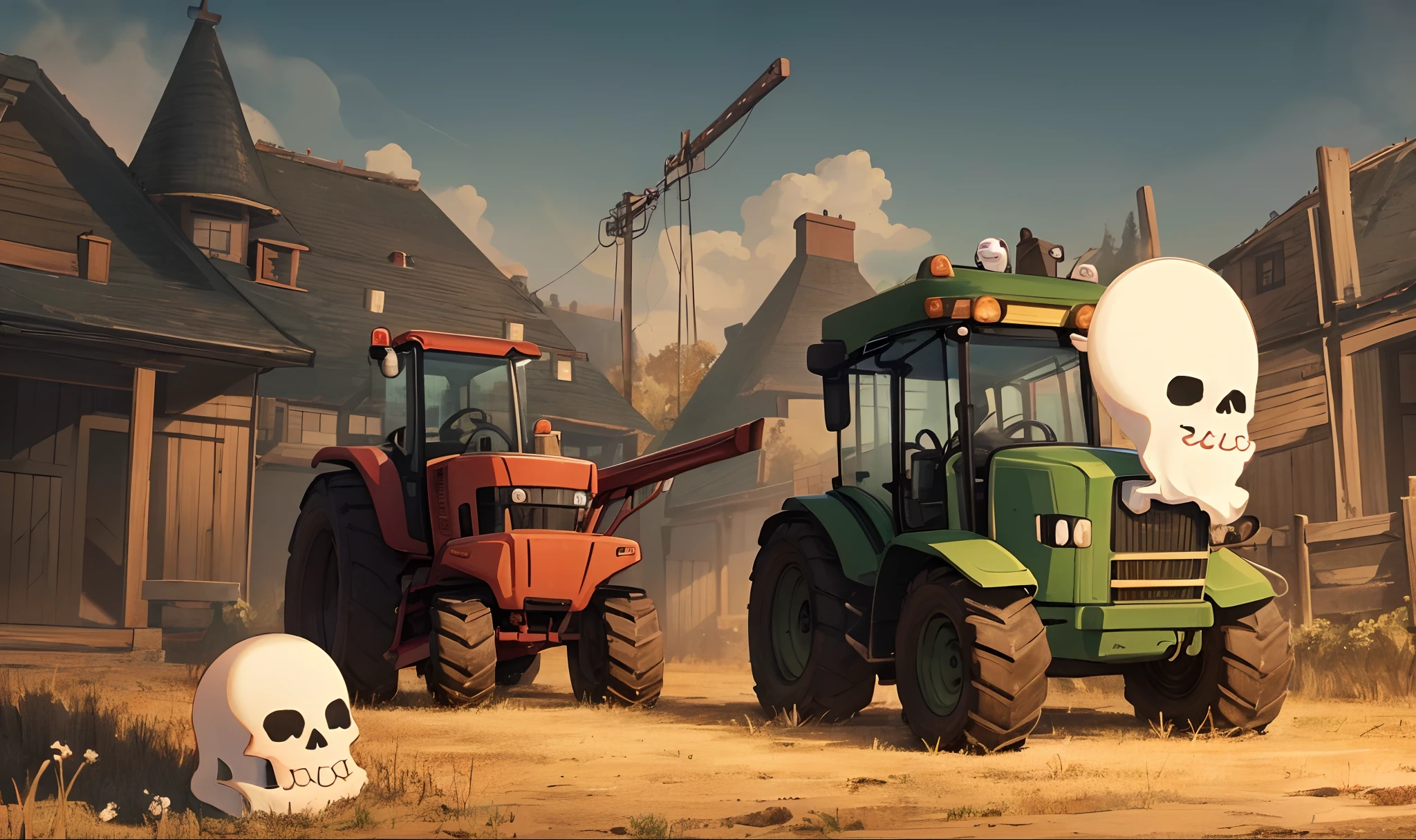 hell，nigth，There are no farms，Chinese Grim Reaper sitting on a tattered tractor，There are cute skeletons in front of the tractor where the Chinese Grim Reaper sits，There are cute ghosts in the scene，3D cute cartoon style