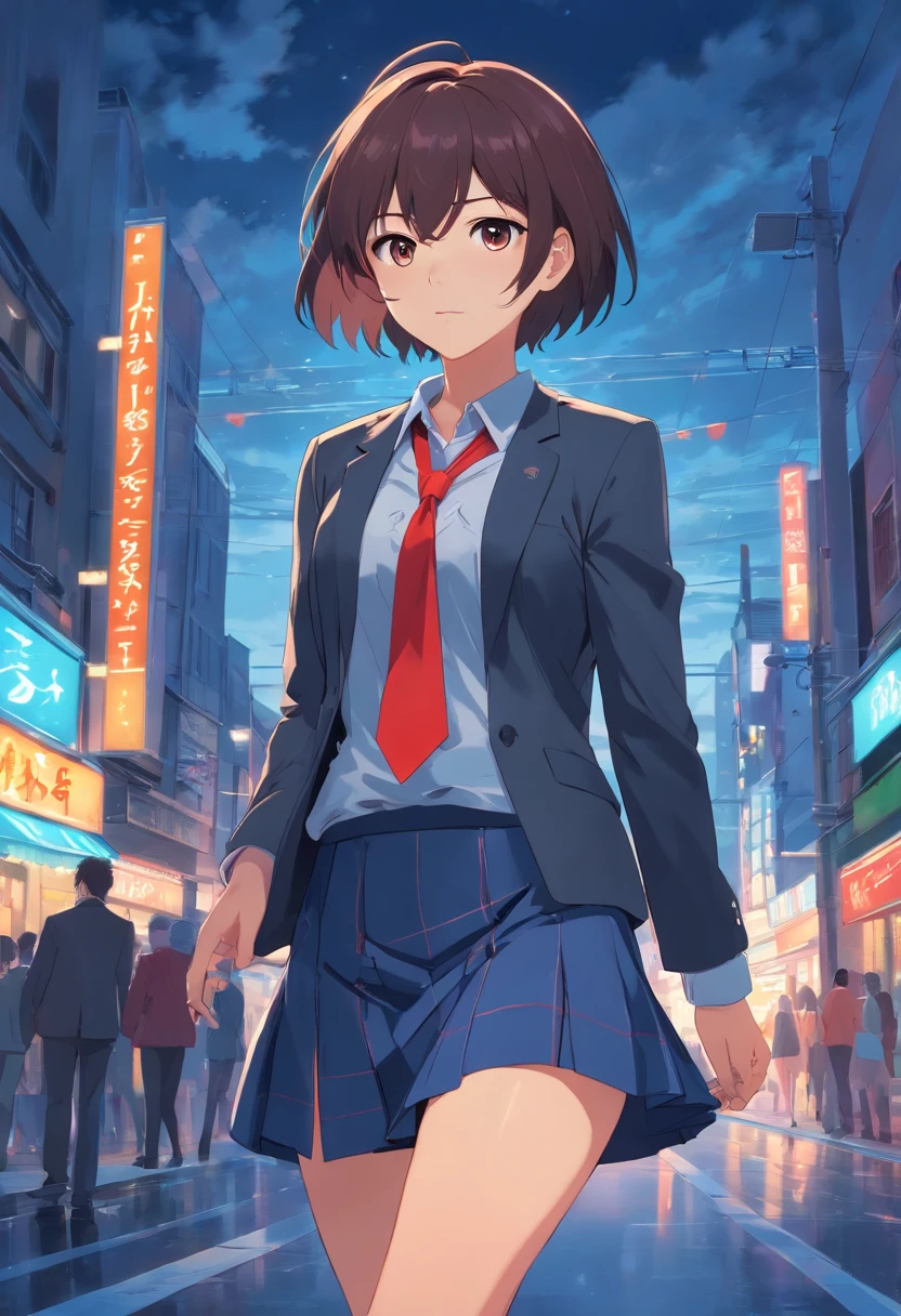 girl short-hair 校服 Halloween Hollywood a miniskirt Red Ribbon Gray vest under blazer A dark-haired blue open sky chee