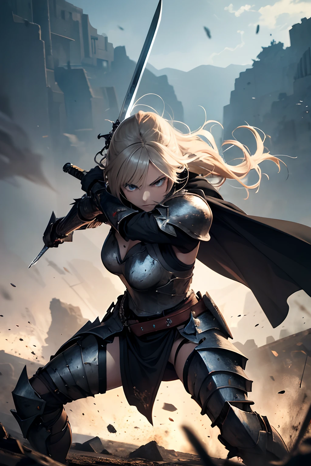 (highres,photorealistic),girl knight,battlefield,large sword,determined expression,shiny armor,strong and confident stance,fallen enemies in the background,smoke and dust,gritty and realistic style,harsh lighting,colored in warm tones,ominous sky,battle scars,flowing cape,sharp and detailed sword,glimmering eyes,fierce and heroic vibe,epic action scene,highly detailed armor,emotionally intense atmosphere,dynamic composition,adrenaline-fueled,majestic and powerful presence,striking pose,motion blur effect