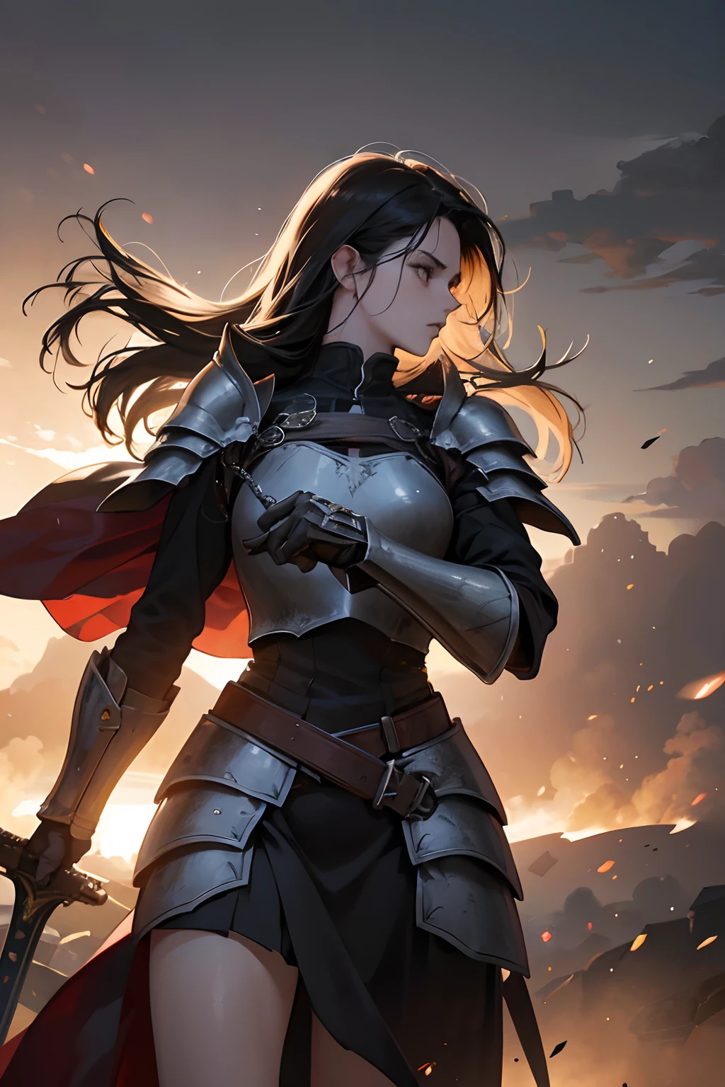 (highres,photorealistic),girl knight,battlefield,large sword,determined expression,shiny armor,strong and confident stance,fallen enemies in the background,smoke and dust,gritty and realistic style,harsh lighting,colored in warm tones,ominous sky,battle scars,flowing cape,sharp and detailed sword,glimmering eyes,fierce and heroic vibe,epic action scene,highly detailed armor,emotionally intense atmosphere,dynamic composition,adrenaline-fueled,majestic and powerful presence,striking pose,motion blur effect