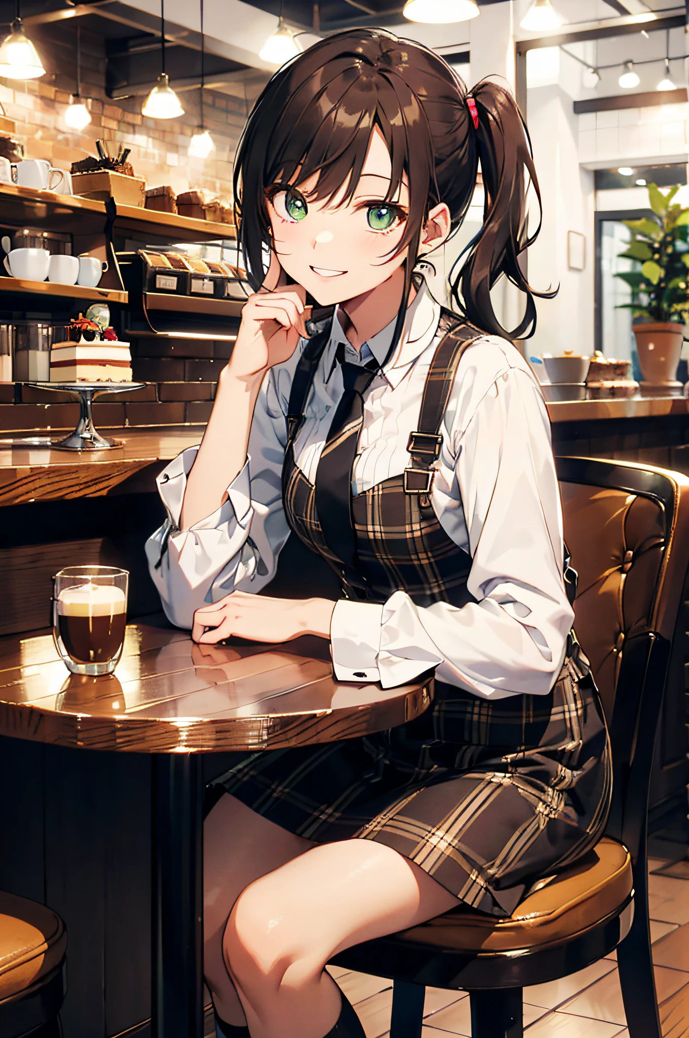 (top-quality、in 8K、32K、​masterpiece、nffsw、超A high resolution、Impresionismo、Photorealsitic:1.2)、cowboy  shot、foco nítido、detailed faces and eyes、(There is a plate of cake and coffee on the table, cafes, sitting on a mocha-colored table, dessert, Miniature Cafe Diorama, diner caffee, in coffee shop, cozy cafe background, enjoying coffee at a coffee shop, sitting in a cafe,  shot with sony alpha 1 camera, by Maki Haku)、Sharp pupils、Realistic pupils、beauitful face、18 year old beautiful girl、shinny skin、Medium Short、waved hair、poneyTail、Beautiful dark brown hair、Green-eyed eyes、Shirt、neck tie、Plaid miniskirt、Black socks、Put your right hand on your cheek、(looking happy smile:1.2)、Mel Kishida