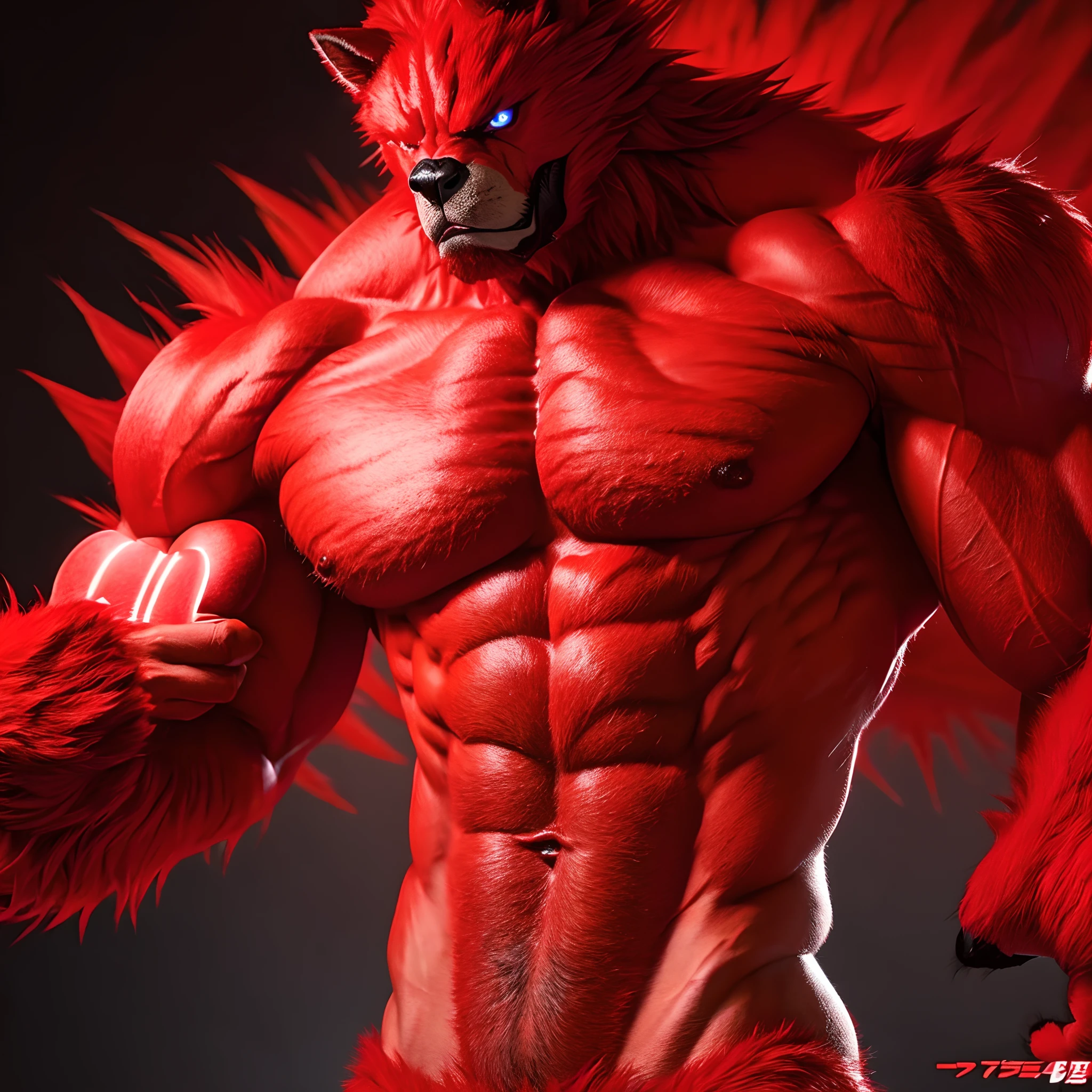 Very muscular wolf beastman、furry、Has the body of a red beast。He has 8 split abs and pectoral muscles.。I'm touching my erection and it feels good