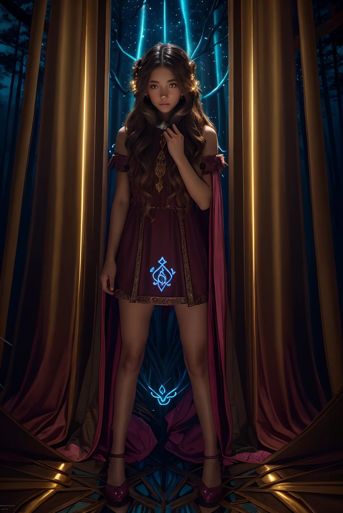 a ((girl, forest girl, fur collar, woman)) Mulatto, her skin is a deep brown covered in many pink and light blue bioluminescent tattoos of rune and Nordic design, solid rich deep brown hair color, beautiful long full wavy brown hair with bioluminescent yellow gold and white highlights, very dark forest trail, wearing a glowing enchanted gemmed collar color with bioluminescent, bioluminescent, full moon-lit, iconography, hints of maroon color, ultra detailed, beautiful and aesthetic, High quality, beautiful, masterpiece, best quality, (zentangle, mandala, tangle, entangle :0.6), 24k resolution, photorealistic around the world just to say She had been mine for a day