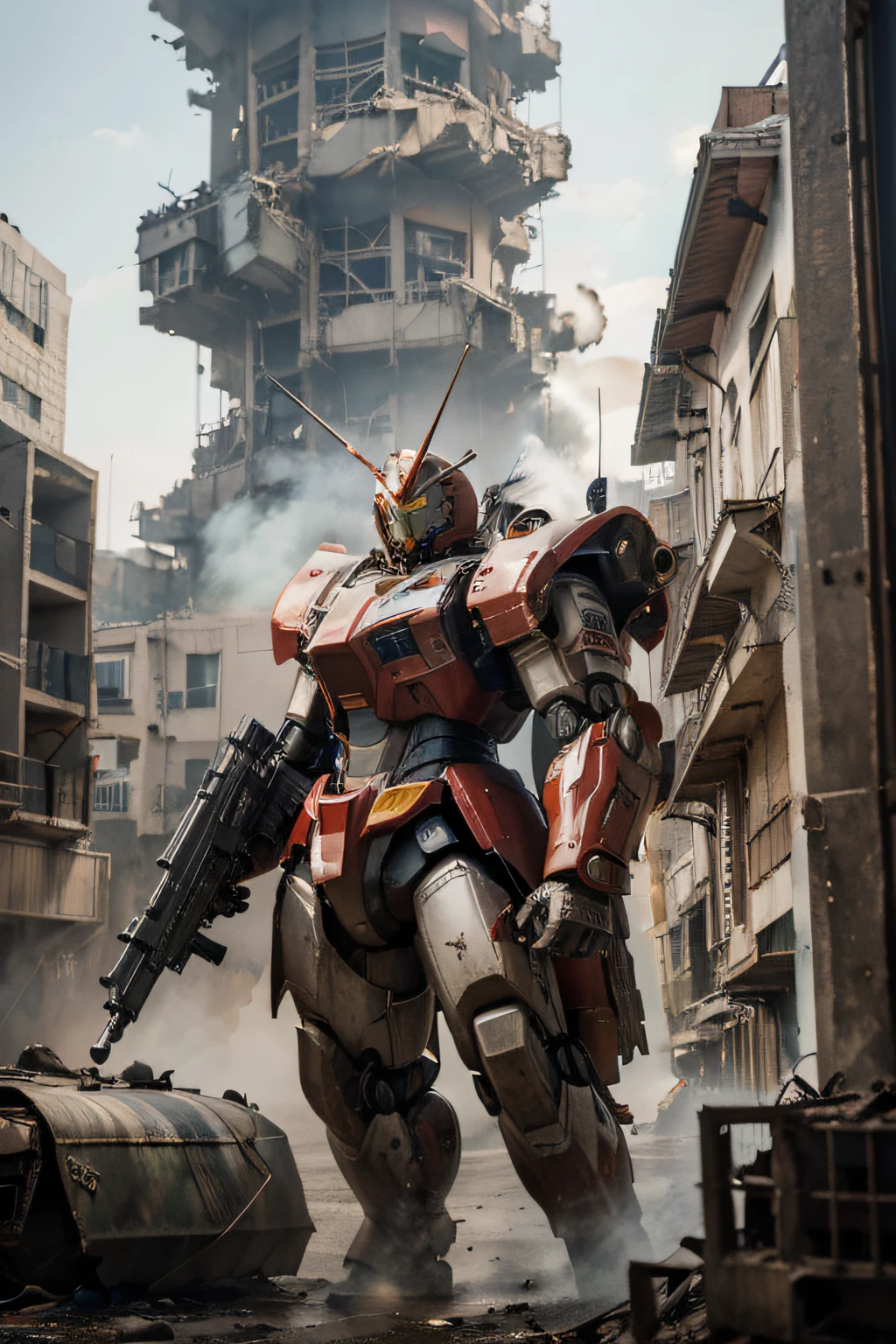 (best quality,highres,masterpiece:1.2),ultra-detailed,(realistic:1.37),dramatic lighting,extreme detail description,professional,vivid colors,bokeh,portraits,mecha,sci-fi,futuristic, mobile suit, gundam, rgm-79, red and white armour, a ten metre tall robot standing in a war-torn city street, post-apocalyptic,fire and smoke,cityscape,battlefield,destruction,dystopian,urban scenery,giant,carrying a large gun