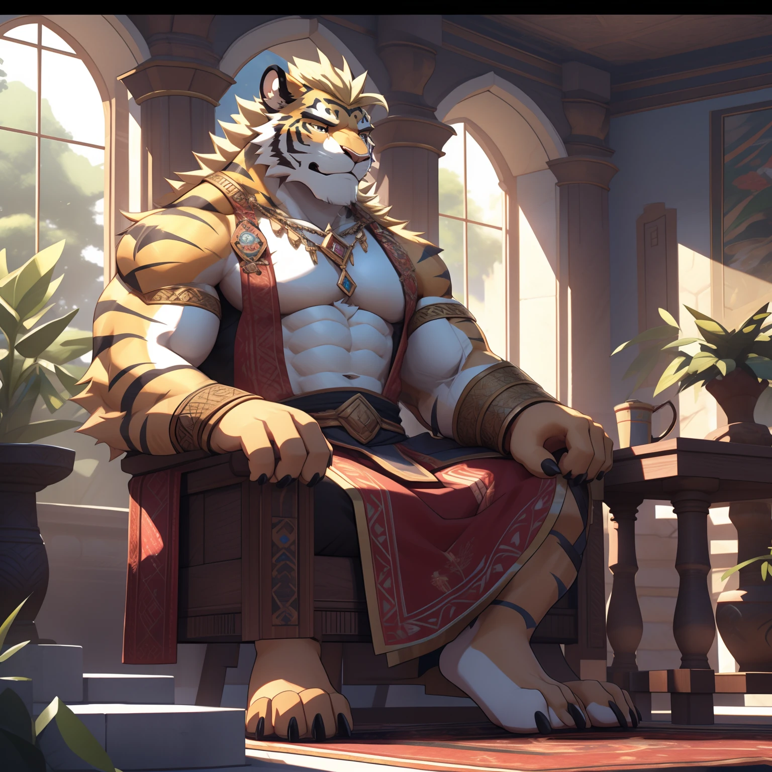 Saber-toothed tiger orcs, Tall,Blonde hair,athletic strong, sunny handsome, The king,diadems, royal family,Interior rendering, West Jimmy, Clear detail, Realism, rendering, Nikon, C4D, 3DMAX, Redshift rendering, corona rendered, Bejas --ar 1:2 --C 10, , hands crossed, Shy, estrus
