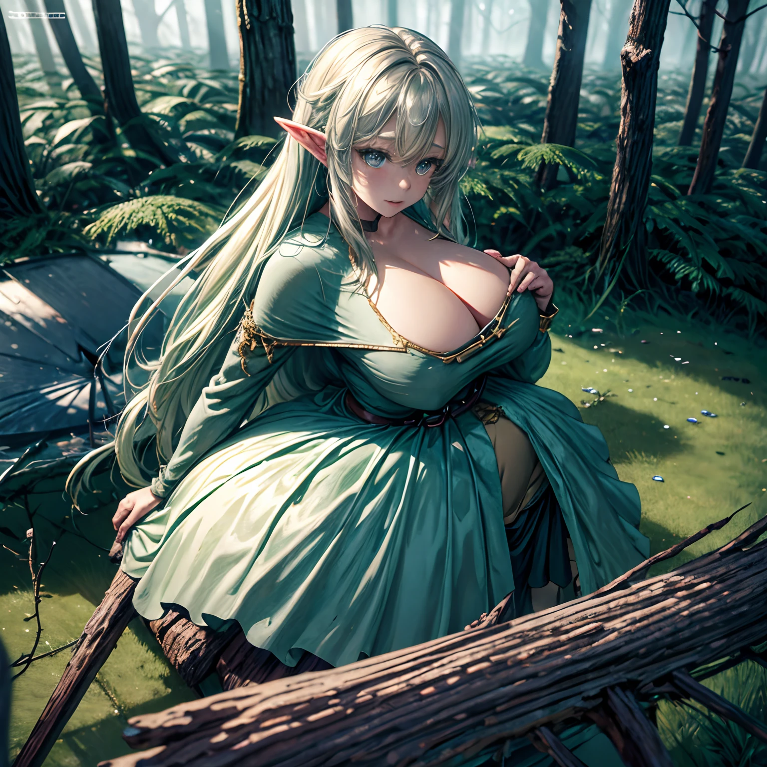 Mist in the Woods, A female elfs taking a brief respite, wearing fully clothed dress, giga_busty