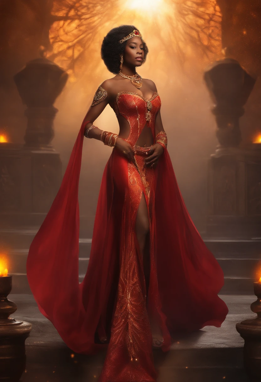 Black African Goddess of the Universe, Glowing light eyes, biomechanical, miraculous, Deity々Right, Very bright colors, light particle, with luminous light, Musif, Wallpaper Art, UHD wallpapers,A deep reddish tattoo in the shape of inazuma runs across the cheeks)))Wheat Muscle, Black African Women Under 20, Platinum Black Hair, Characteristic brown eyes, Watery,, Porter Cole, Slim & Elegant,, guapo, Candles in a medieval atmosphere, ultra sharp focus, Realistic shooting, Medieval times,Princess of the Phoenix Kingdom,tiara, studded with orange gemstones in the shape of a phoenix,The veil is crystal clear and sparkling,The Princess's Words After the Coronation,Hollywood Movie Classics。 Legendary actress, Flames erupt from the red dress。Expressing Princess Loneliness In A Confusing Way。Detailed background,Props and palace are also detailed.々and clear、8K