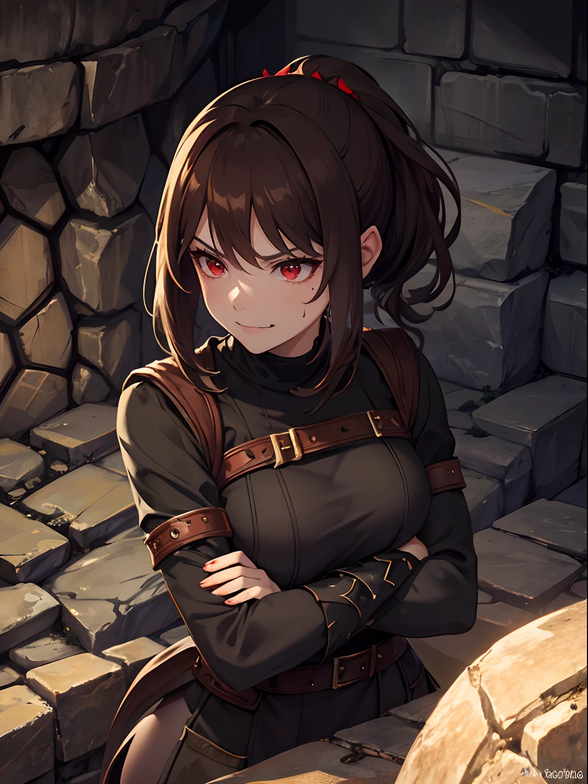 Close up, fantasy world, medieval, cave, stone brick walls, dungeon ruins, cave walls, adult woman, dirty, vampire, medium brown hair, short ponytail, red eyes, fangs, evil, intimidating, predatory look, evil smile, sweating, green tunic, no sleeves, leggings, crossed arms