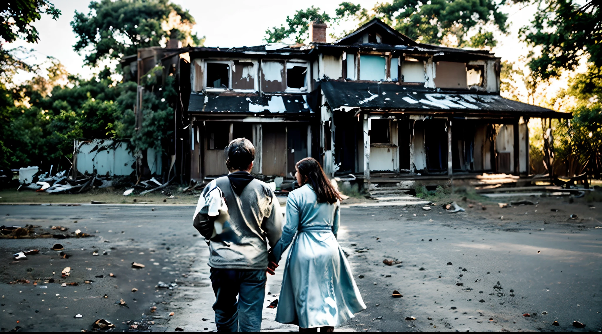 ```(("Passage of Time: Family Walking Past an Abandoned House")) in a poignant and reflective composition. Depict a family, walking together with a mix of emotions, passing in front of an empty, abandoned house. Capture the expressions on their faces, ranging from curiosity to melancholy, as they observe the forgotten dwelling, symbolizing the passage of time and the changes it brings. Highlight the contrast between the lively presence of the family and the silent, empty house, emphasizing the transience of life and the resilience of human connections. Convey a sense of nostalgia and contemplation, celebrating the enduring bond of family amidst the changing backdrop of life. Use an art style that exudes a mix of emotions and depth, employing (((subtle colors and thoughtful expressions))) to create a visually impactful portrayal of the family passing in front of the abandoned house, capturing the complex emotions and the enduring strength of family ties.
```