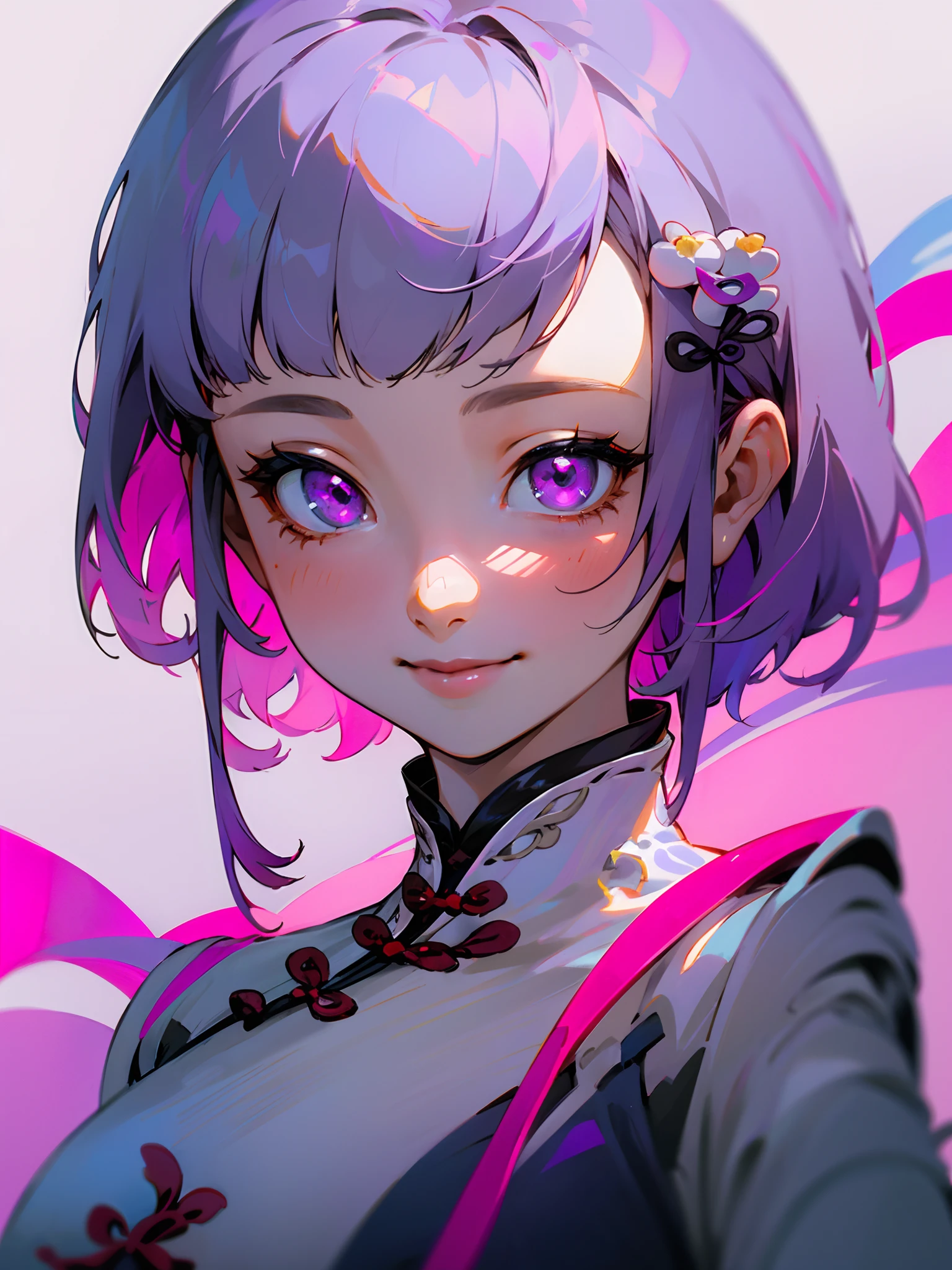 1girl in , 17 years old girl , Muted Tones , Subdued Color , highly contrast , (natural skin textures , Hyper-Realism , Soft light , sharp) ,Short hairstyle with silver hair and bob:1.5, Hair tied in a bun with a hair clip, Pink eyes, small tits ,blur backgroun , (Wearing : (Pink Purple Innovative Ao Dai:1.5) , Vista Blue , Sky Blue Accessories) , A smile、Laugh