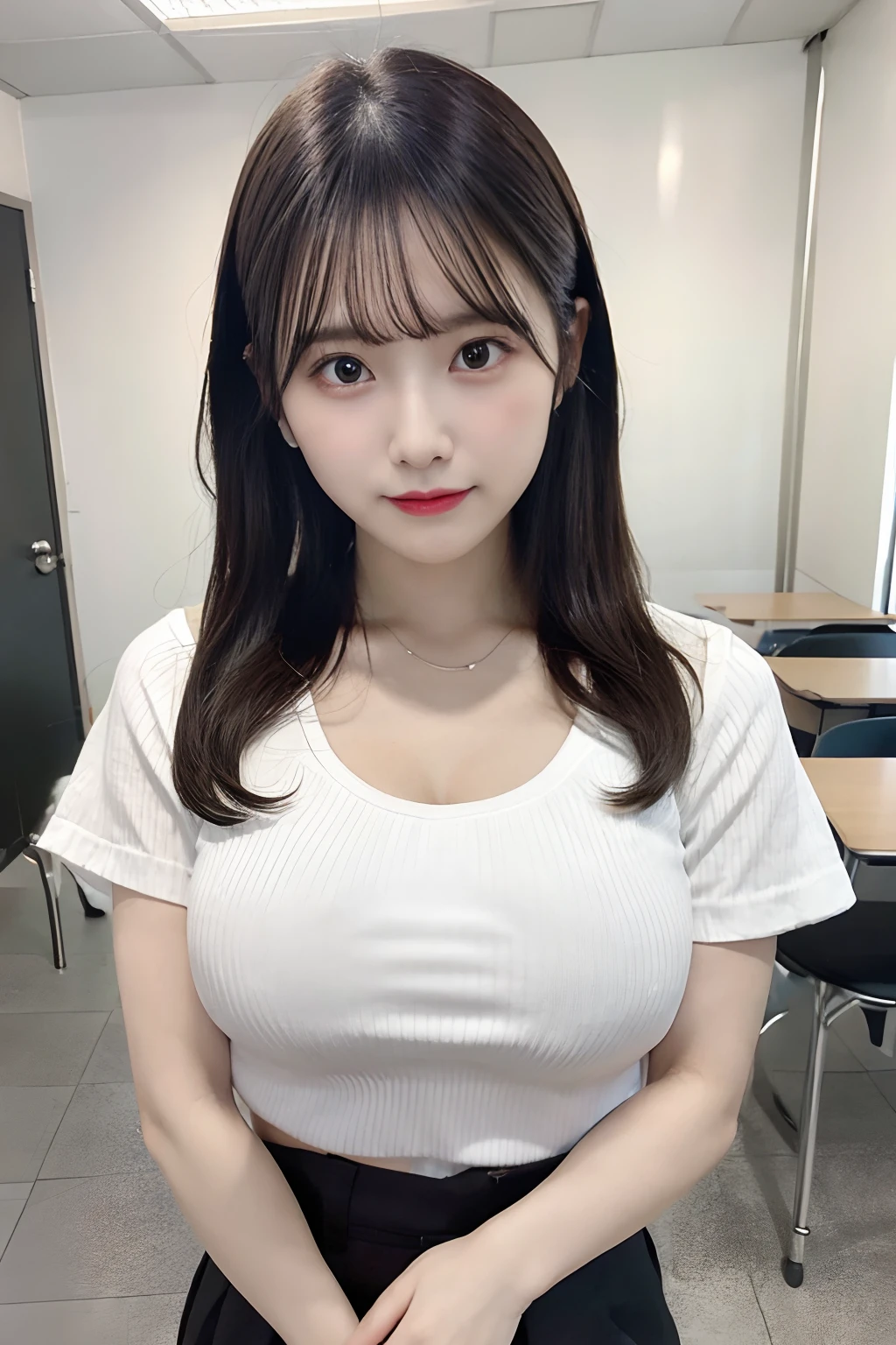 huge tit g-cup round breast Beautiful breasts Wearing a shirt with horizontal stripes that show the bulge of the chest Wearing a black miniskirt