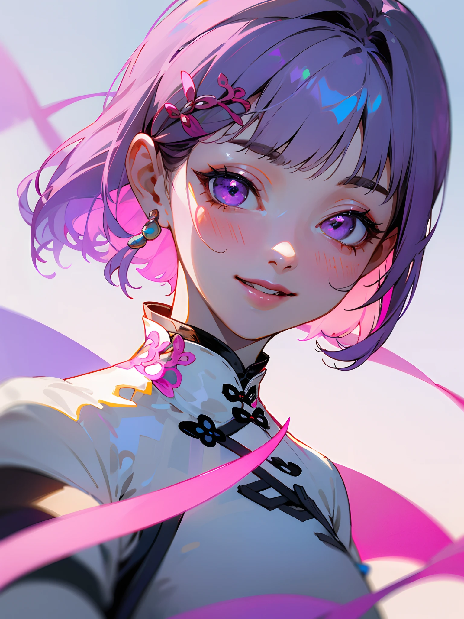 1girl in , 17 years old girl , Muted Tones , Subdued Color , highly contrast , (natural skin textures , Hyper-Realism , Soft light , sharp) ,Short hairstyle with silver hair and bob:1.5, Hair tied in a bun with a hair clip, Pink eyes, small tits ,blur backgroun , (Wearing : (Pink Purple Innovative Ao Dai:1.5) , Vista Blue , Sky Blue Accessories) , A smile、Laugh