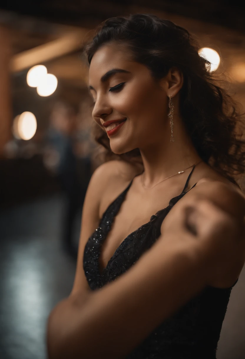 photo of a (slim thick) woman dancing on the dancefloor, smiling and dancing, nice ass, wide hips, slim waist, dim club background, high resolution, dramatic cinematic lighting
