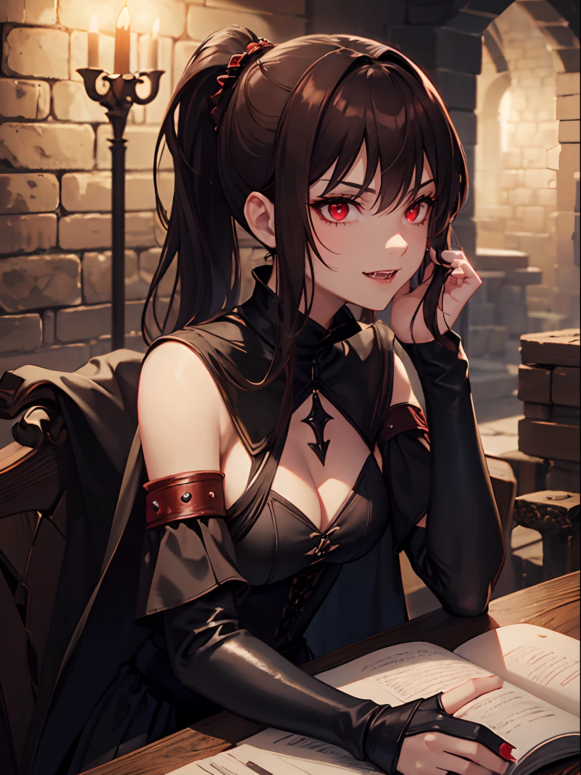 Close up, fantasy world, medieval, night, cave, dark, stone brick walls, dining table, food, adult woman, dirty, vampire, medium brown hair, short ponytail, red eyes, fangs, evil, intimidating, predatory look, evil smile, black tunic, black dress, cleavage, boots, stockings, black cloak, sitting proudly